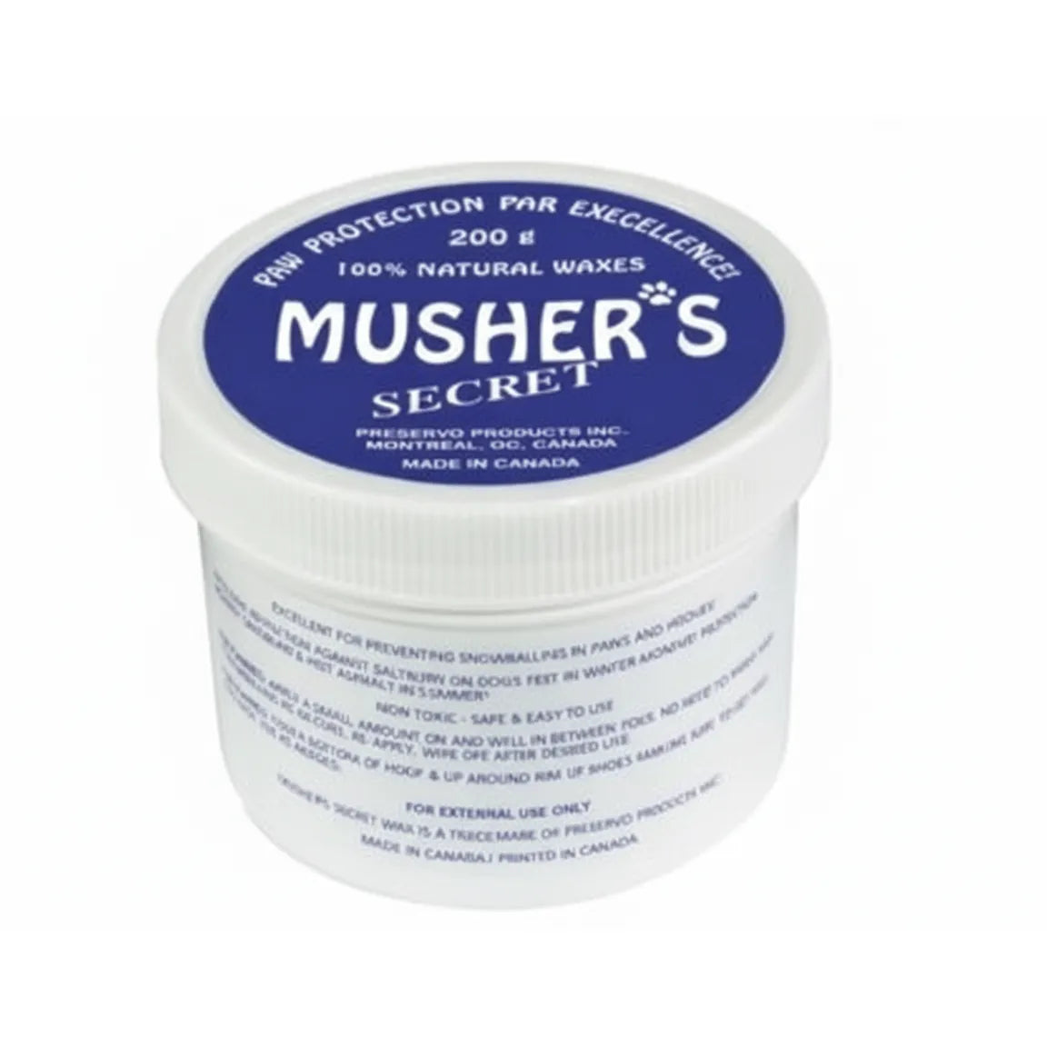Musher's Secret Paw Protection Wax in a 200g white jar with a blue lid label. This 100% natural dog paw balm provides all-season protection against snow, ice, salt, and hot pavement. Non-toxic and easy to apply, it's the ultimate solution for preventing cracked paws and snowballing. Perfect for active dogs needing year-round paw care. Made in Canada.