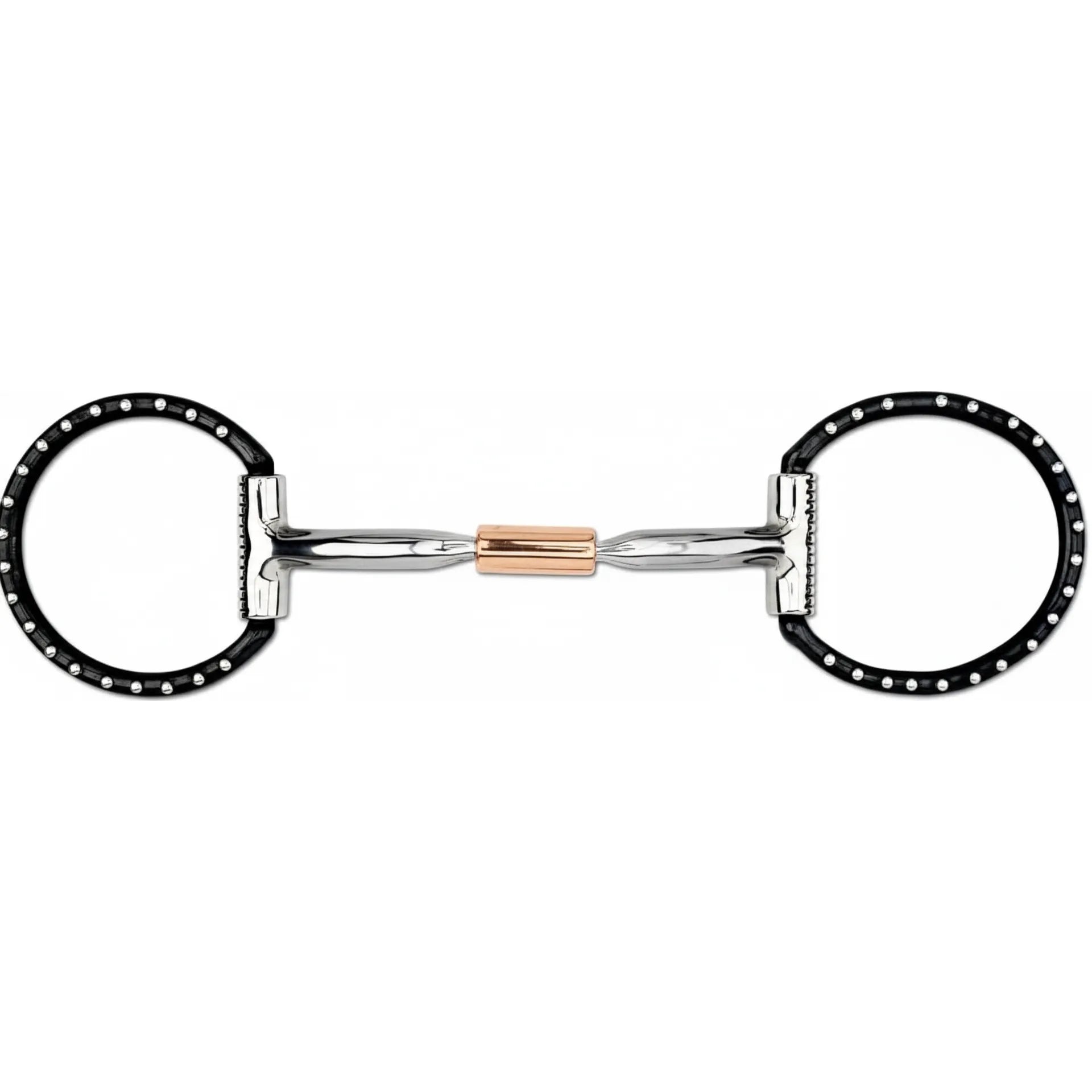 Myler 02 Black Dee Bit with 5-inch Sweet Iron Comfort Snaffle MB 02 and copper inlay. This Level 1 equestrian bit features sleek black D-rings accented with silver studs for a touch of style. The ergonomically designed mouthpiece encourages relaxation and salivation, making it an essential horse tack piece for gentle communication and training. Ideal for riders seeking a functional yet decorative snaffle bit.