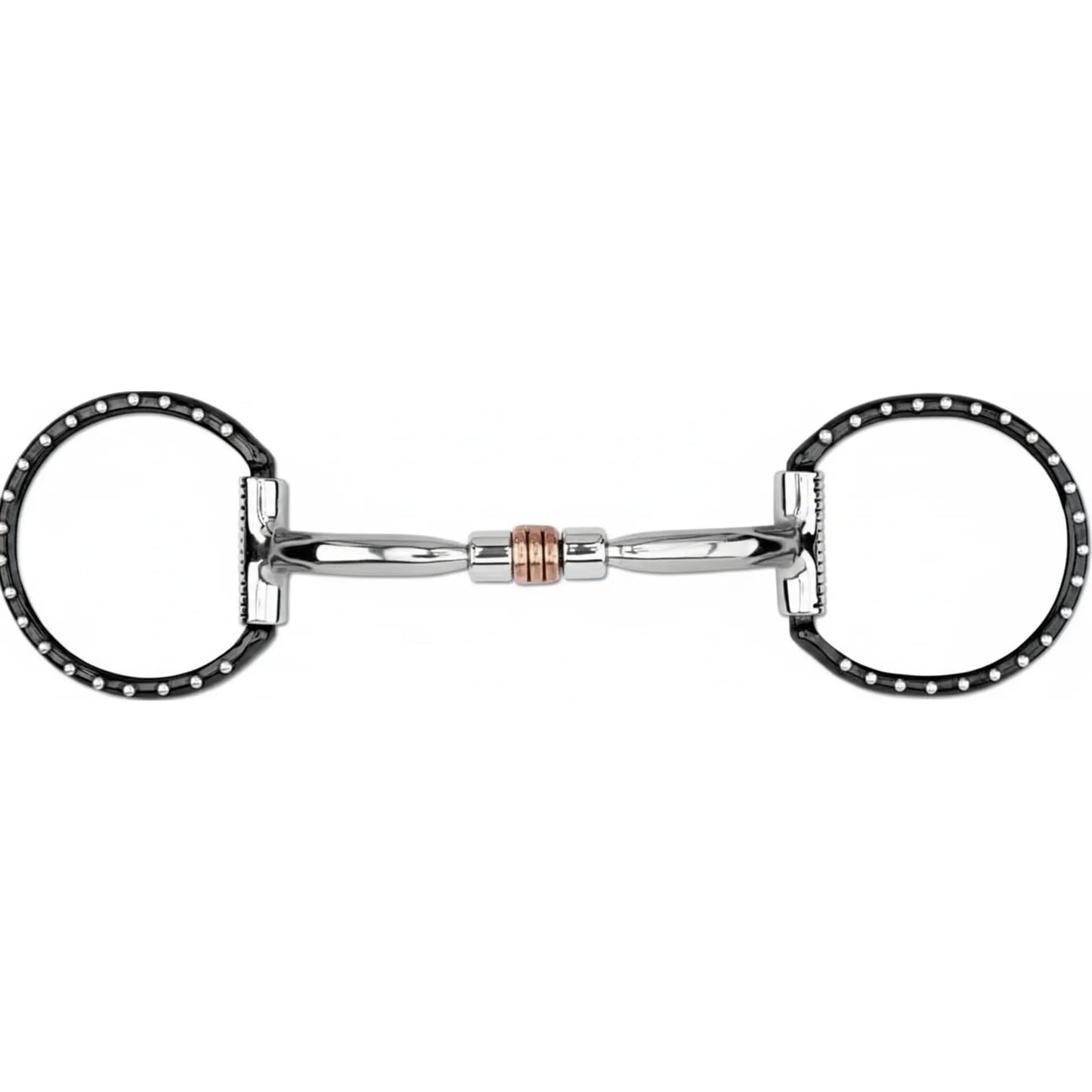 Myler 03 Black Dee Bit featuring a 5-inch Sweet Iron Comfort Snaffle mouthpiece with a copper inlay roller. This MB 03 horse bit showcases stylish black Dee rings accented with silver studs for a decorative, high-end look. Designed for gentle communication and tongue relief, it's a premium equestrian accessory perfect for western or English riding. High-quality silver-tone finish with a durable design for optimal horse performance and comfort.