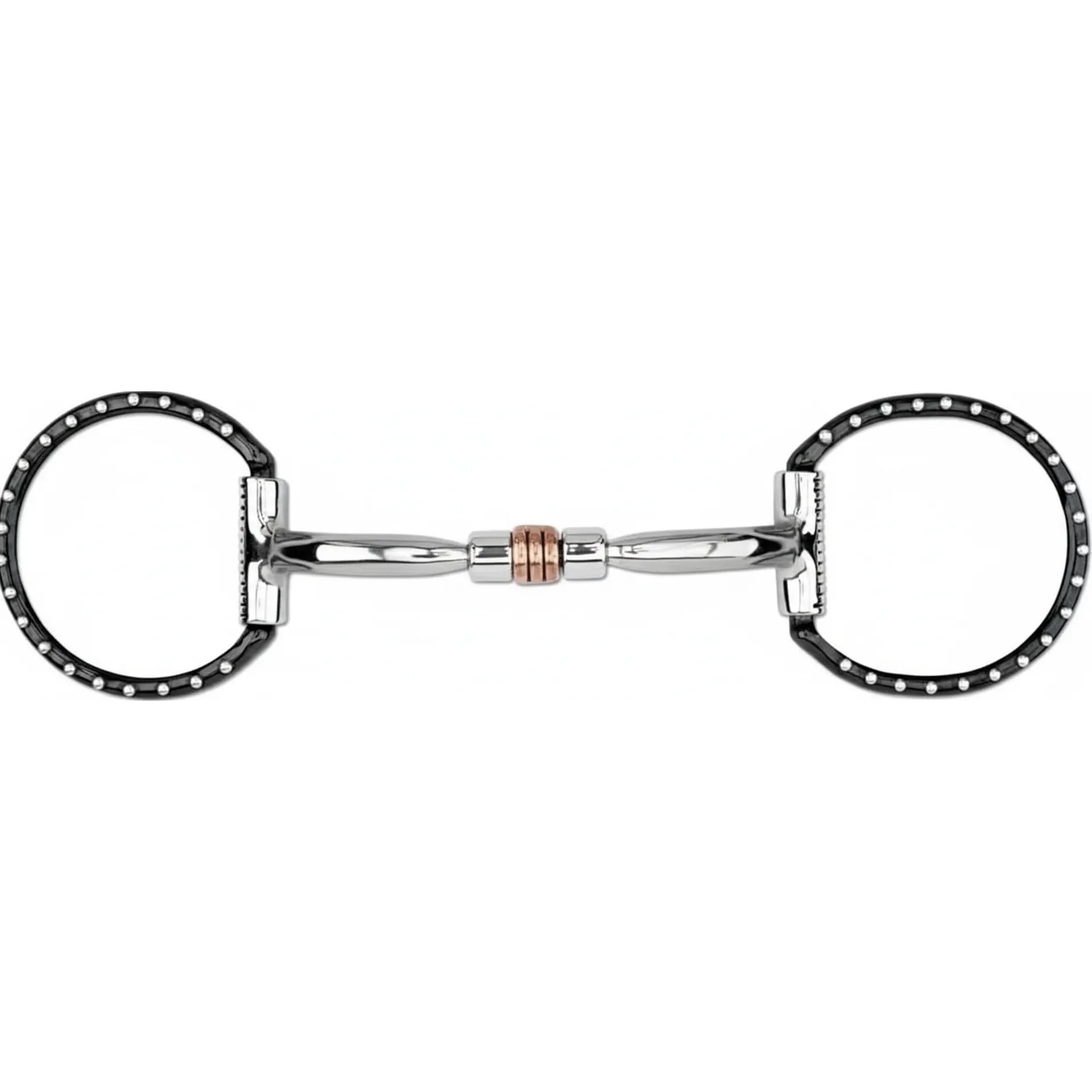 Myler 03 Black Dee Bit featuring a 5-inch Sweet Iron Comfort Snaffle mouthpiece with a copper inlay roller. This MB 03 horse bit showcases stylish black Dee rings accented with silver studs for a decorative, high-end look. Designed for gentle communication and tongue relief, it's a premium equestrian accessory perfect for western or English riding. High-quality silver-tone finish with a durable design for optimal horse performance and comfort.