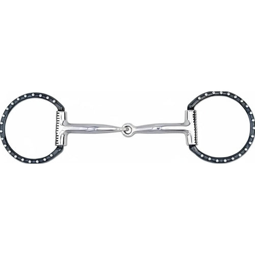 Myler 09 Black Dee Horse Bit featuring a 5-inch Level 1 Comfort Mouthpiece. This single-jointed snaffle bit is crafted from sweet iron with copper inlays to promote salivation and relaxation. The stylish black Dee rings are adorned with decorative silver studs, offering a classic look for equestrian training and riding. Perfect for horses needing a gentle, responsive bit, this high-quality horse tack combines comfort, style, and durability.