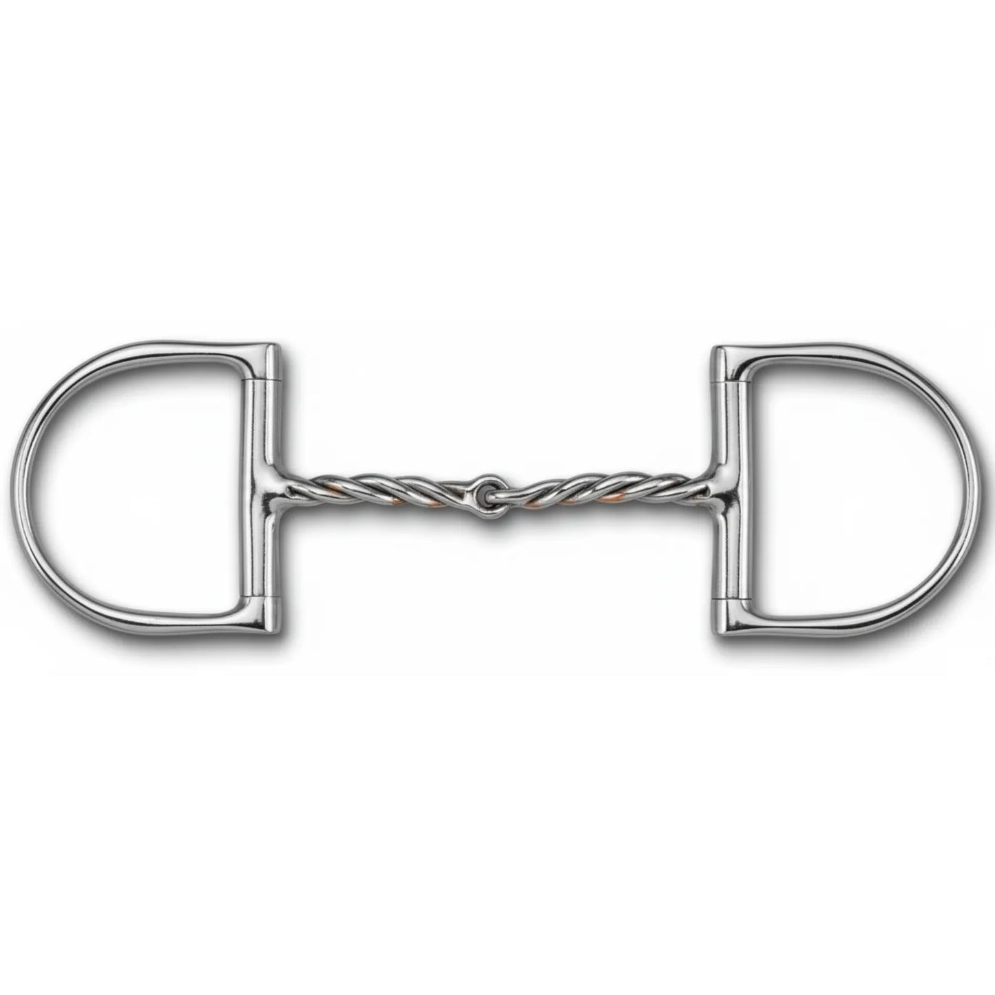Myler 09 English Dee Bit with Hooks & Twist, MB 09T Enhanced Comfort Snaffle. This 5" mouthpiece horse bit features a twisted sweet iron design with copper inlays to promote relaxation and salivation. The polished stainless steel D-ring cheeks include integrated hooks for precise communication and varied leverage options. A high-performance English bit perfect for dressage, jumping, or everyday training.