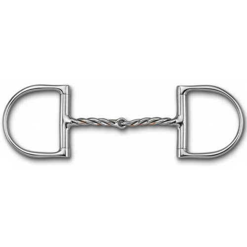 Myler 09 English Dee Bit with Hooks & Twist, MB 09T Enhanced Comfort Snaffle. This 5" mouthpiece horse bit features a twisted sweet iron design with copper inlays to promote relaxation and salivation. The polished stainless steel D-ring cheeks include integrated hooks for precise communication and varied leverage options. A high-performance English bit perfect for dressage, jumping, or everyday training.