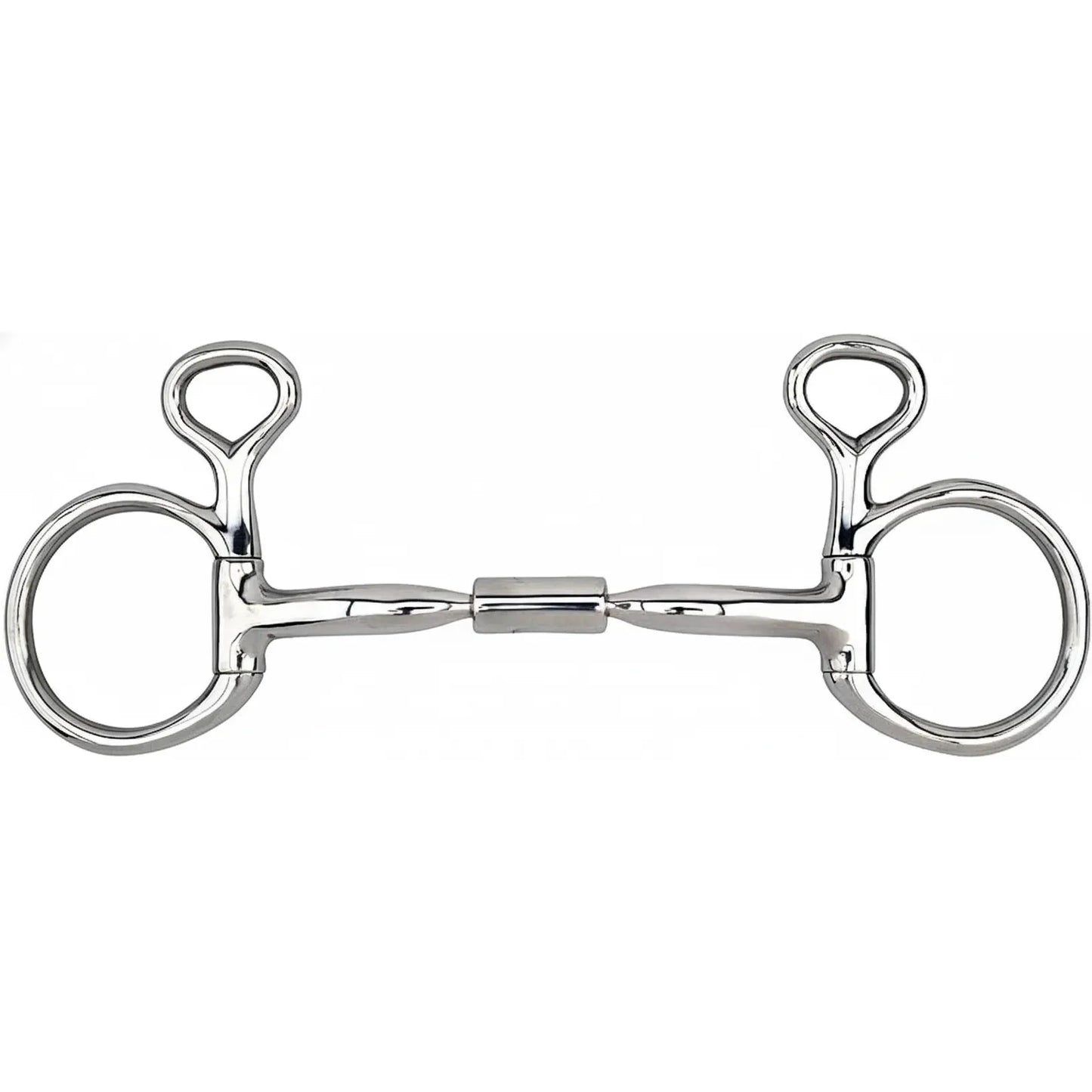 Myler 5" MB 02 Comfort Snaffle Wide Barrel Medium Baucher Bit crafted from polished stainless steel with copper inlays. This Level 1 horse bit features signature hanging cheek rings and a wide barrel mouthpiece designed for horse comfort and stability. High-quality equestrian tack ideal for gentle training and clear communication, offering a sleek professional look for any bridle setup.