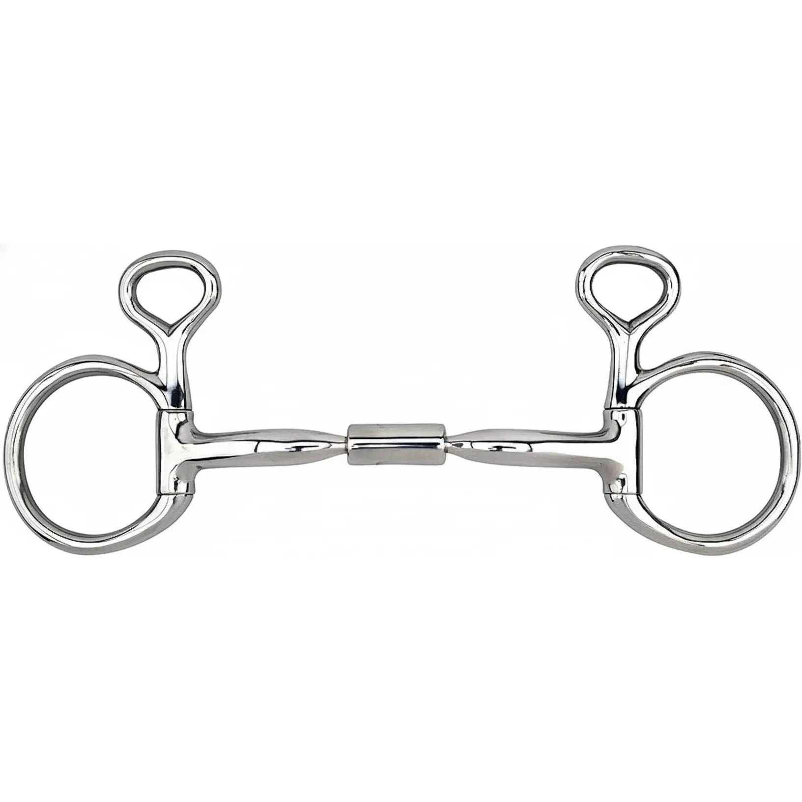 Myler 5" MB 02 Comfort Snaffle Wide Barrel Medium Baucher Bit crafted from polished stainless steel with copper inlays. This Level 1 horse bit features signature hanging cheek rings and a wide barrel mouthpiece designed for horse comfort and stability. High-quality equestrian tack ideal for gentle training and clear communication, offering a sleek professional look for any bridle setup.