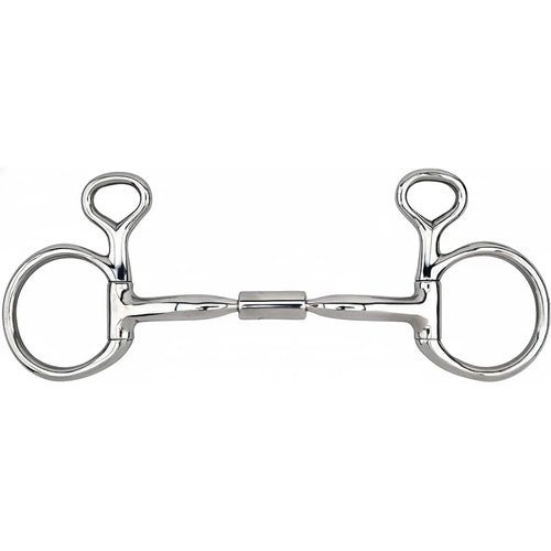 Myler 5" MB 02 Comfort Snaffle Wide Barrel Medium Baucher Bit crafted from polished stainless steel with copper inlays. This Level 1 horse bit features signature hanging cheek rings and a wide barrel mouthpiece designed for horse comfort and stability. High-quality equestrian tack ideal for gentle training and clear communication, offering a sleek professional look for any bridle setup.
