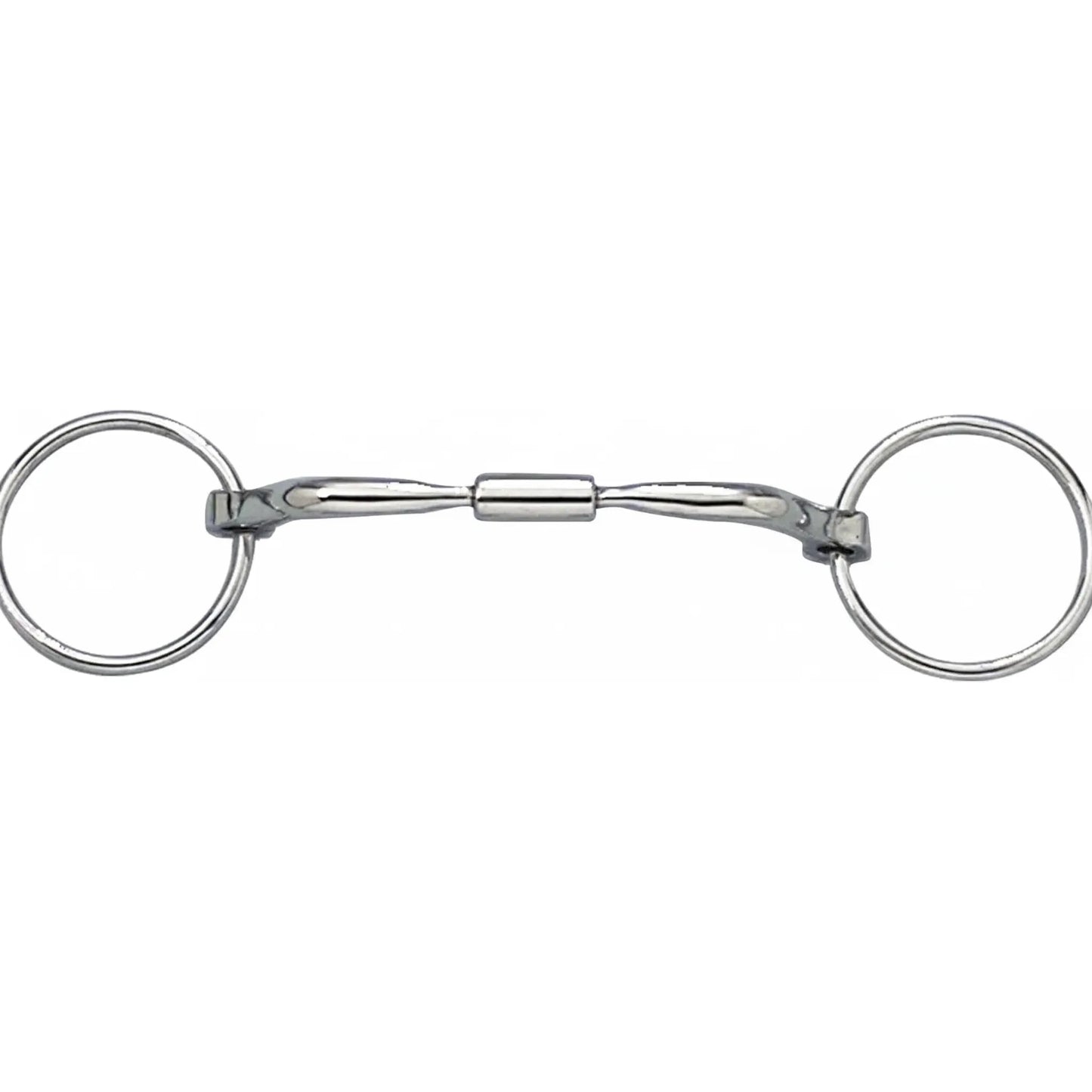 Myler Bridoon MB 02 Comfort Snaffle Wide Barrel Horse Bit, 5-inch, crafted from polished stainless steel with copper inlays. Features a curved mouthpiece for tongue relief and a loose ring bridoon design for clear communication. An essential piece of equestrian equipment for dressage training and competition, designed to encourage salivation and relaxation for your horse.