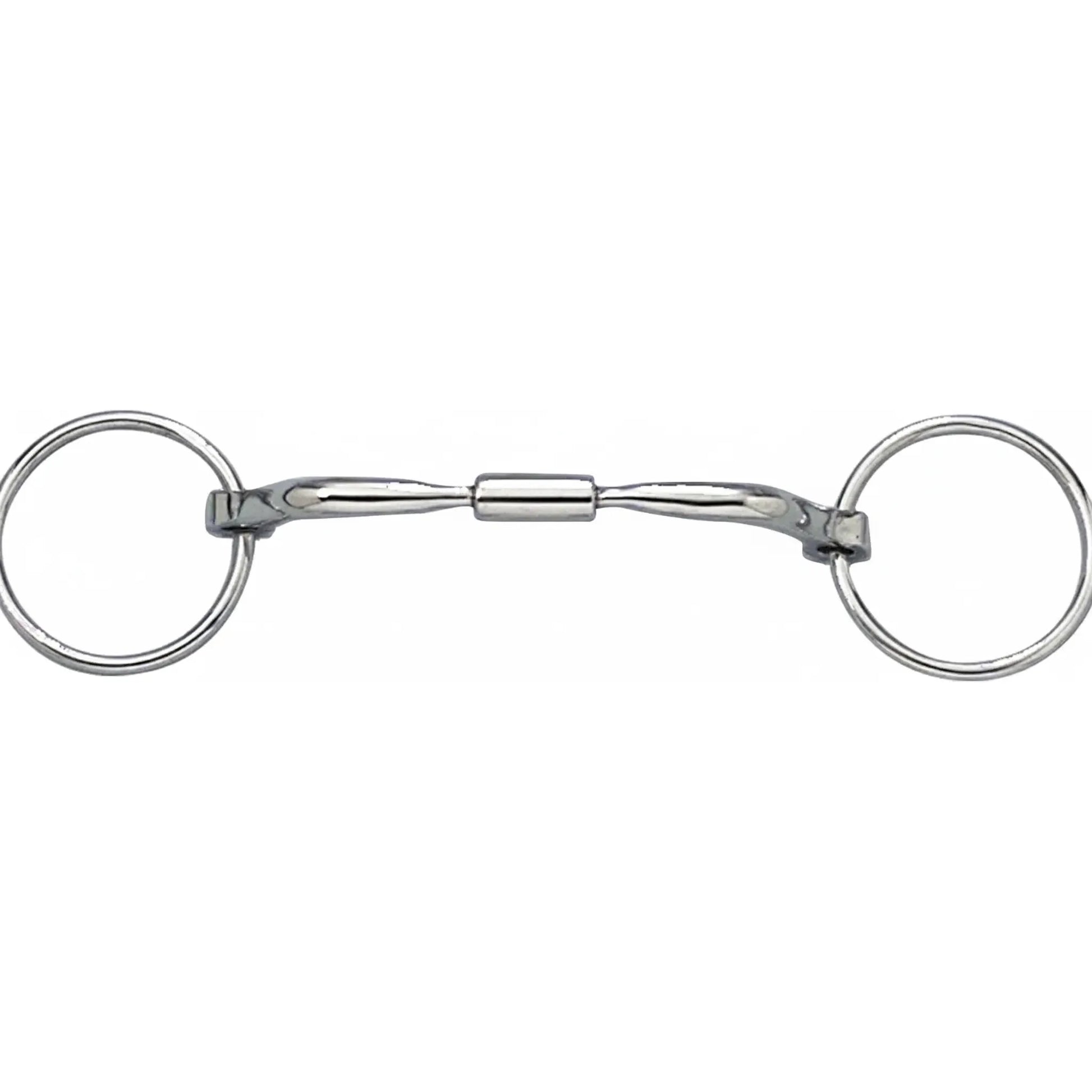 Myler Bridoon MB 02 Comfort Snaffle Wide Barrel Horse Bit, 5-inch, crafted from polished stainless steel with copper inlays. Features a curved mouthpiece for tongue relief and a loose ring bridoon design for clear communication. An essential piece of equestrian equipment for dressage training and competition, designed to encourage salivation and relaxation for your horse.