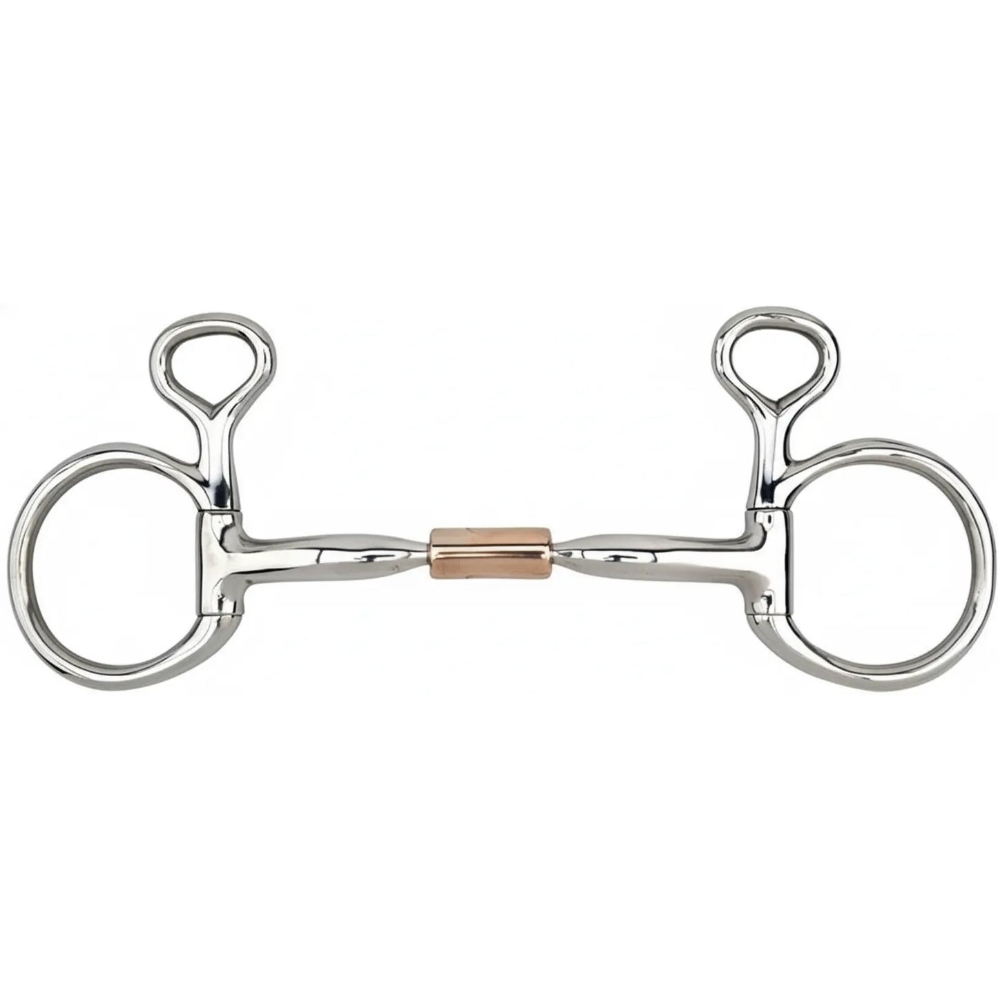 Myler MB 02 Comfort Snaffle Baucher Bit Level 1, 5.5-inch stainless steel equestrian bit with a curved mouthpiece and central copper inlay barrel. The hanging cheek design provides stability and gentle poll pressure for refined communication. Perfect for dressage and training, this durable horse bit combines professional performance with a polished look. High-quality tack featuring Myler’s signature comfort design for a happy, responsive horse.