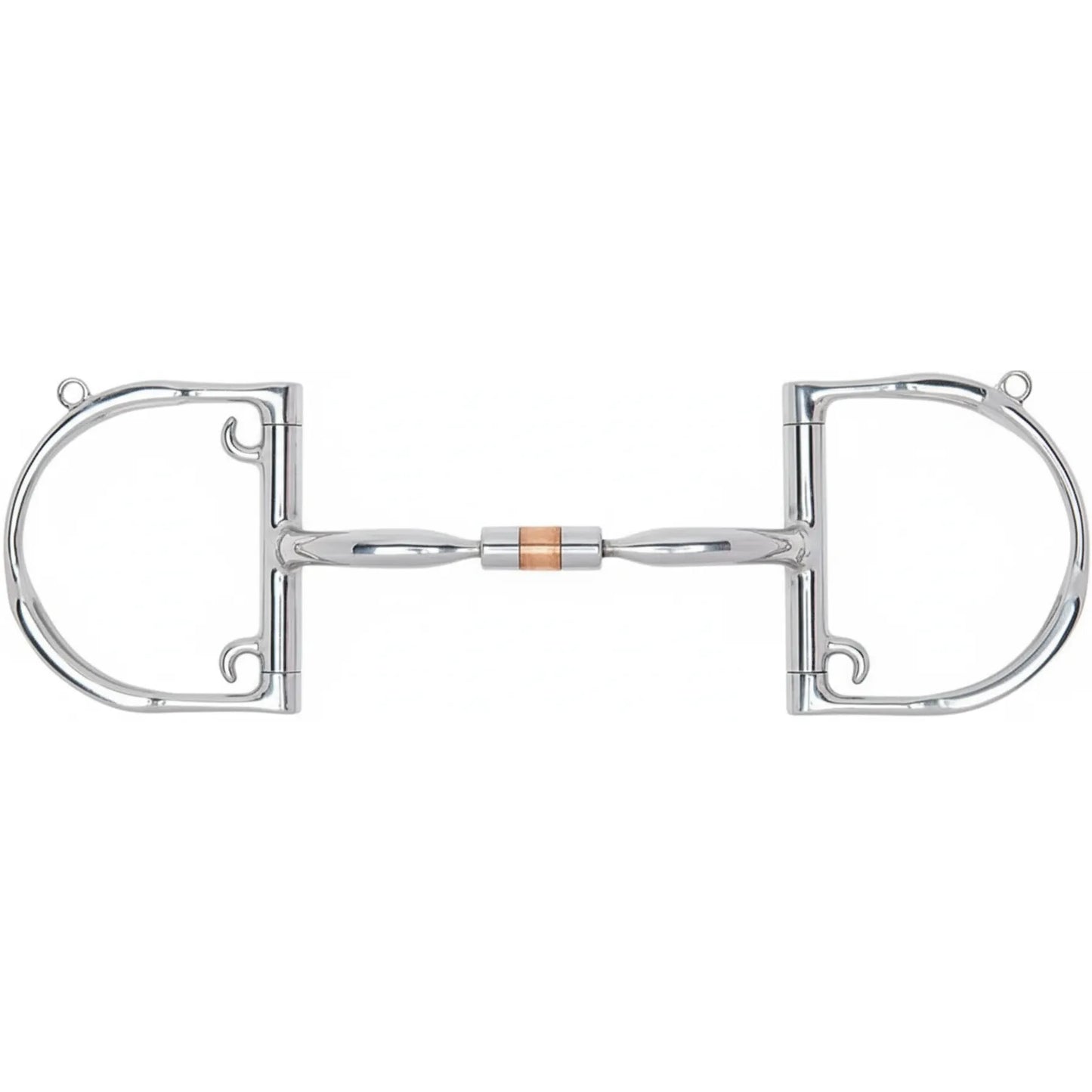 Myler MB 02 Comfort Snaffle English Dee horse bit with hooks, crafted from polished stainless steel. This Level 1 training bit features a curved mouthpiece with a central barrel and copper inlay to encourage salivation. Designed for gentle communication and tongue relief, the English Dee rings provide stability and direct rein pressure, making it an essential piece of equestrian equipment for training and performance.
