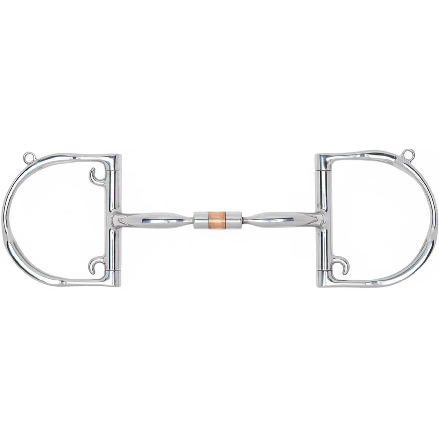 Myler MB 02 Comfort Snaffle English Dee horse bit with hooks, crafted from polished stainless steel. This Level 1 training bit features a curved mouthpiece with a central barrel and copper inlay to encourage salivation. Designed for gentle communication and tongue relief, the English Dee rings provide stability and direct rein pressure, making it an essential piece of equestrian equipment for training and performance.