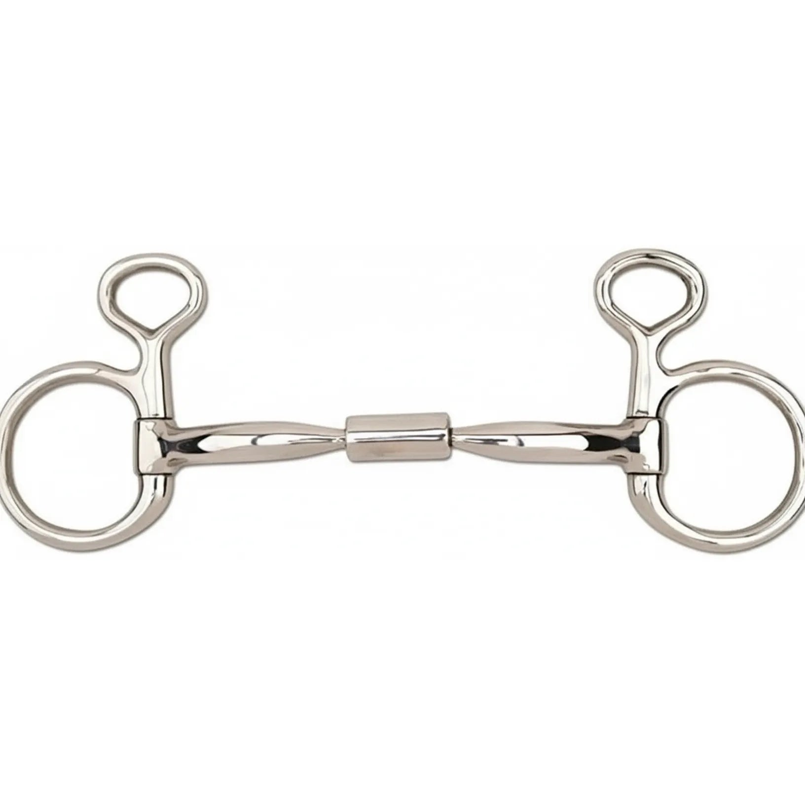 Myler MB 02 Comfort Snaffle Wide Barrel Small Baucher Horse Bit in polished stainless steel. This Level 1 equestrian training bit features a hanging cheek design for stability and a curved mouthpiece with a wide barrel to provide tongue relief and clear communication. A high-quality bit ideal for young horses or riders looking for a gentle, effective snaffle with copper inlays for salivation.