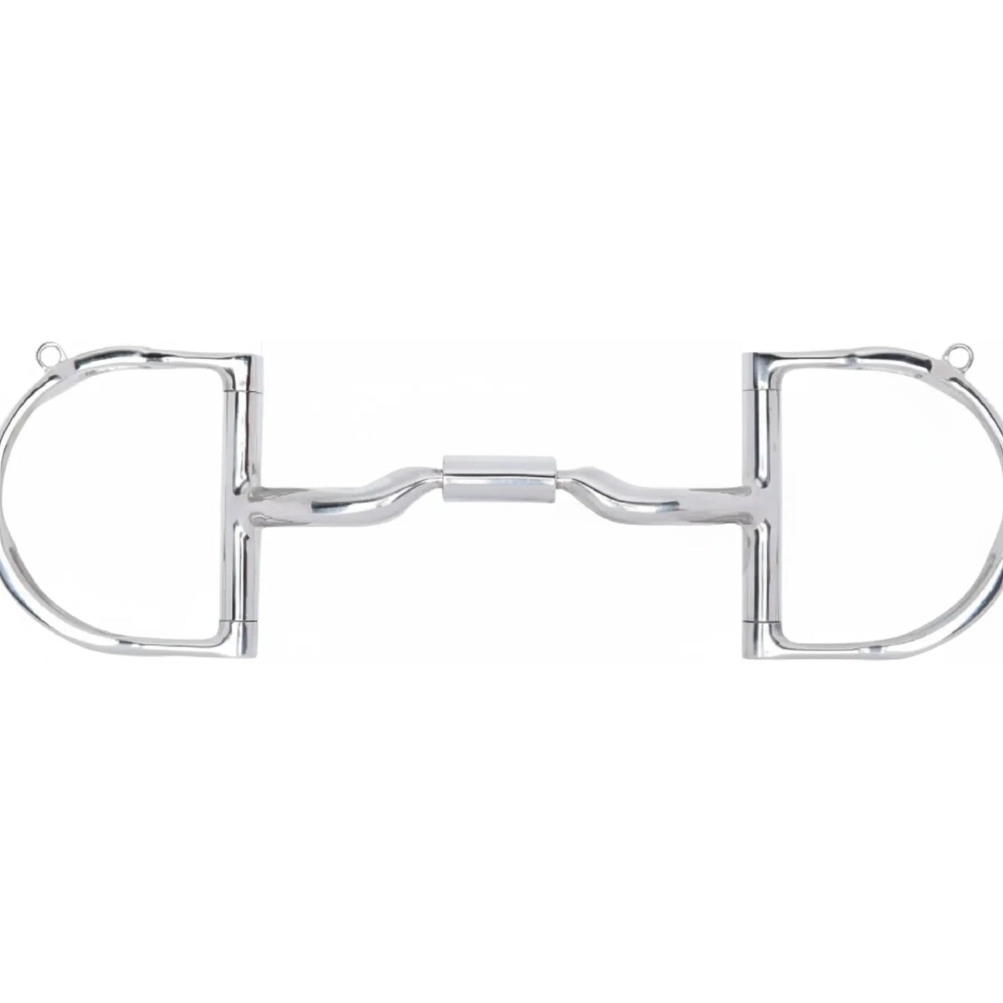 Myler MB 04 Medium Dee Low Port Comfort Snaffle Bit featuring polished silver D-ring cheeks with integrated hooks for varied rein and headstall placement. This 5-inch horse bit includes a low port mouthpiece with a central barrel roller, designed to provide tongue relief and encourage relaxation. Crafted from sweet iron with copper inlay, it's a versatile equestrian training bit for clearer communication and a softer mouth.