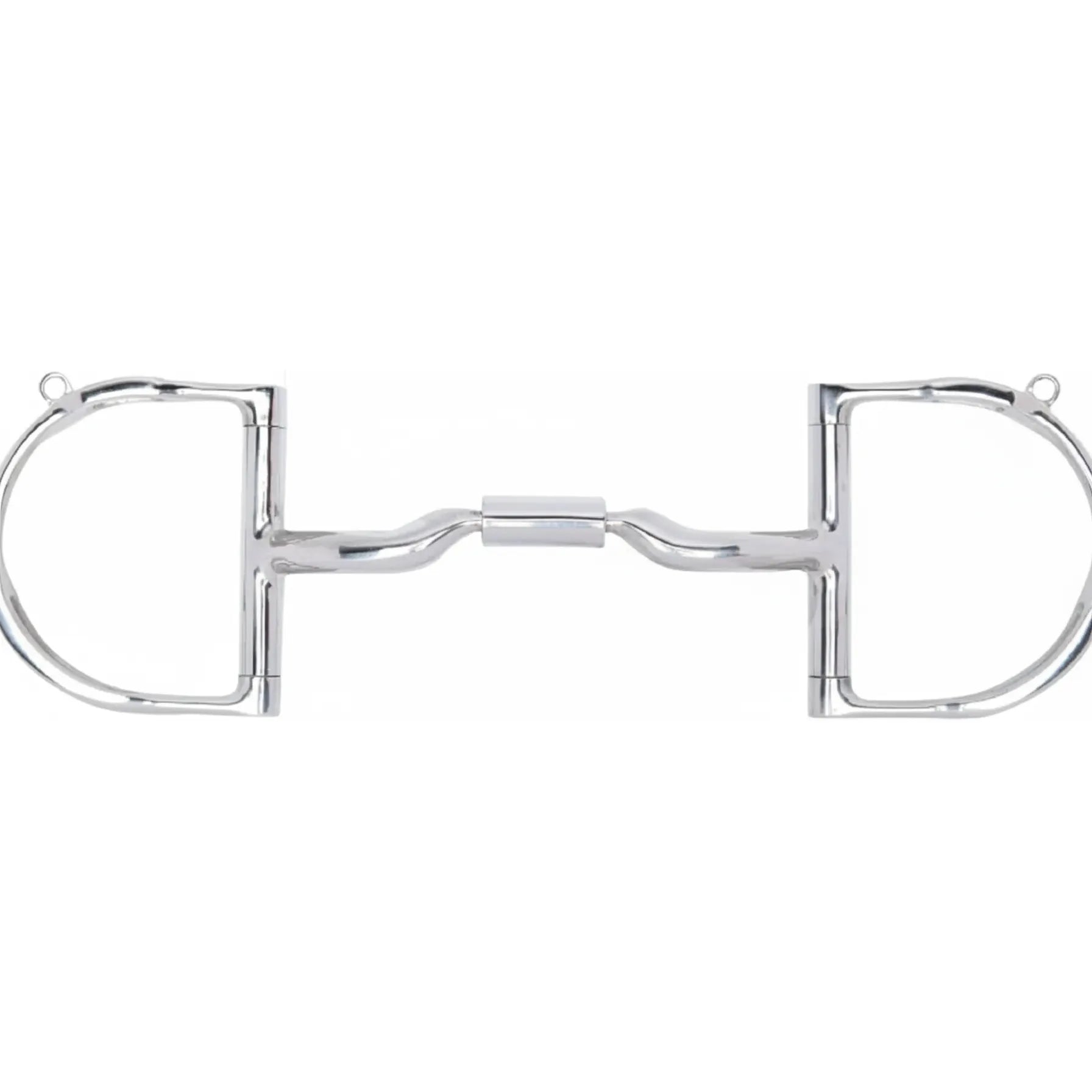 Myler MB 04 Medium Dee Low Port Comfort Snaffle Bit featuring polished silver D-ring cheeks with integrated hooks for varied rein and headstall placement. This 5-inch horse bit includes a low port mouthpiece with a central barrel roller, designed to provide tongue relief and encourage relaxation. Crafted from sweet iron with copper inlay, it's a versatile equestrian training bit for clearer communication and a softer mouth.