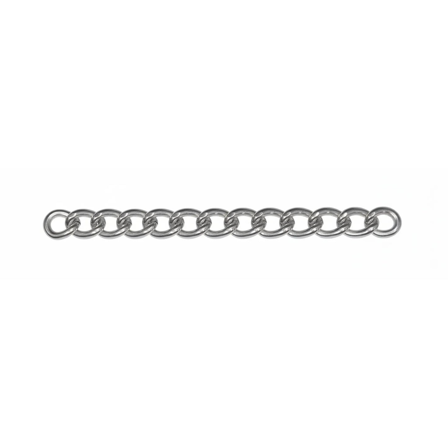 Myler Stainless Steel Single Link Curb Chain, 8.75 inches. This high-quality equestrian accessory features a polished silver finish and is specifically designed for use with shank and combination horse bits. A durable and essential piece of horse tack for precise control and communication, perfect for riders looking for professional-grade equestrian gear and bit accessories.