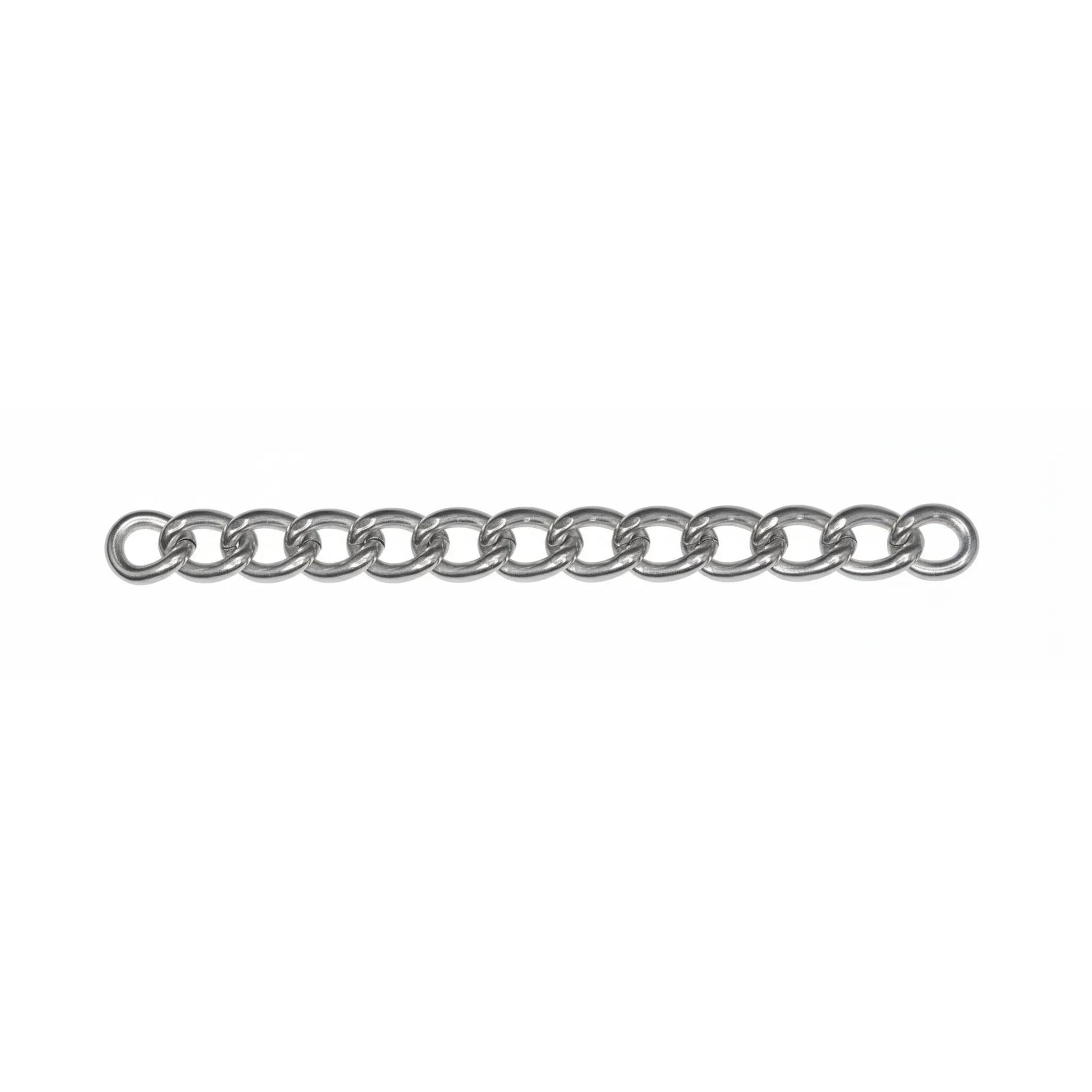 Myler Stainless Steel Single Link Curb Chain, 8.75 inches. This high-quality equestrian accessory features a polished silver finish and is specifically designed for use with shank and combination horse bits. A durable and essential piece of horse tack for precise control and communication, perfect for riders looking for professional-grade equestrian gear and bit accessories.