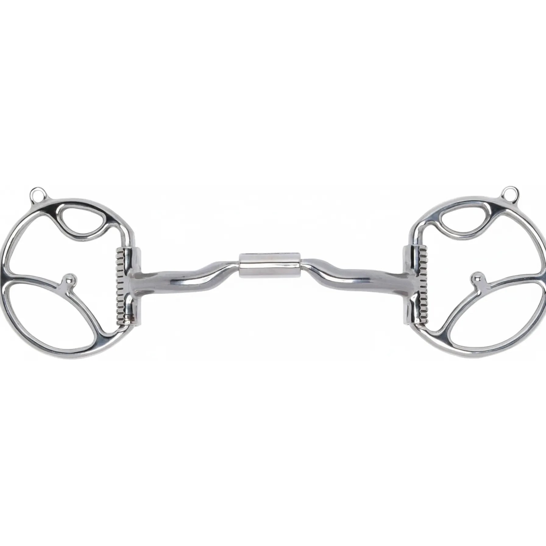 Myler Western Dee Bit with 2 Hooks featuring an MB 04 Sweet Iron Low Port Comfort Snaffle. This Level 2 equestrian bit is crafted from polished stainless steel with a curved mouthpiece designed for tongue relief and independent side movement. The integrated hooks allow for versatile leverage and rein placement, making it ideal for Western training and performance horses seeking clear, comfortable communication.