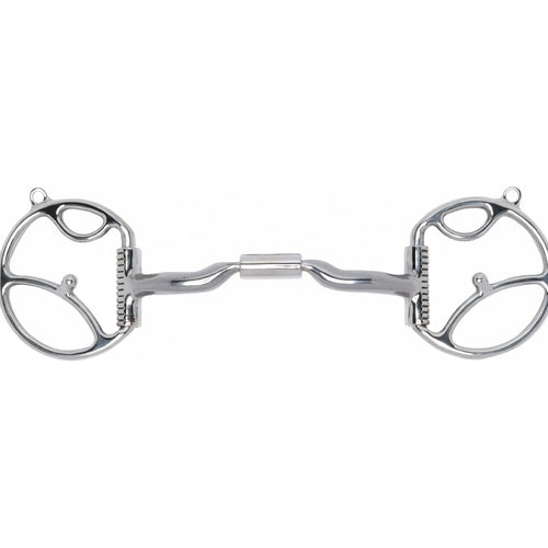 Myler Western Dee Bit with 2 Hooks featuring an MB 04 Sweet Iron Low Port Comfort Snaffle. This Level 2 equestrian bit is crafted from polished stainless steel with a curved mouthpiece designed for tongue relief and independent side movement. The integrated hooks allow for versatile leverage and rein placement, making it ideal for Western training and performance horses seeking clear, comfortable communication.