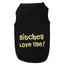 Parisian Pet black sleeveless dog t-shirt featuring the phrase "Bitches Love Me!" embroidered in bold yellow lettering. This breathable 100% cotton pet tank top is a humorous and stylish apparel choice, perfect for male dogs of various sizes. Its comfortable design and high-contrast embroidery make it a standout piece for walks or social media-worthy pet fashion.