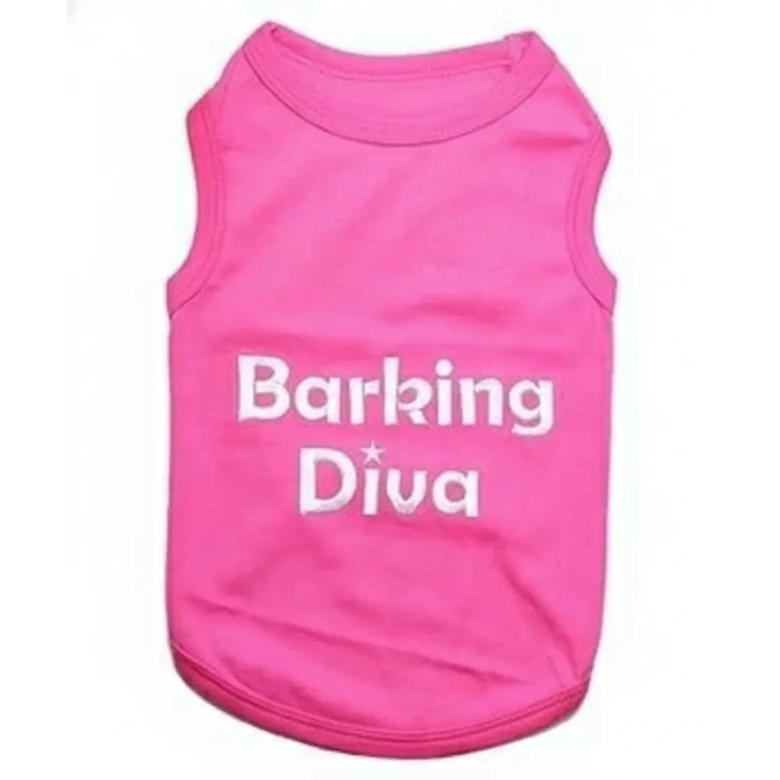 Parisian Pet Barking Diva Embroidered Dog T-shirt in vibrant hot pink. This premium 100% cotton pet tank top features the words "Barking Diva" in bold white embroidery with a small star accent. A stylish and comfortable piece of pet apparel for small and large dogs alike, perfect for fashion-forward pups. Available in multiple sizes from XXS to 5XL.