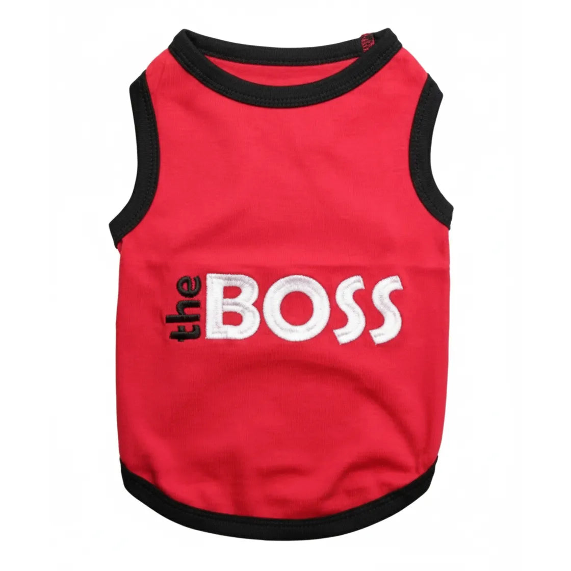 Parisian Pet Boss Embroidered Dog T-Shirt in vibrant red. This 100% premium cotton breathable pet tee features a bold "the BOSS" embroidered design in white and black. Stylish black trim accents the neckline, armholes, and hem. A fashionable and comfortable dog tank top perfect for pets with a big personality, available in multiple sizes for all breeds.