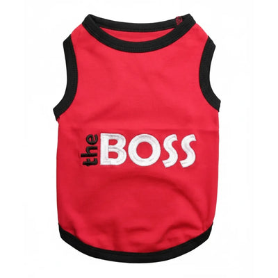 Parisian Pet Boss Embroidered Dog T-Shirt in vibrant red. This 100% premium cotton breathable pet tee features a bold "the BOSS" embroidered design in white and black. Stylish black trim accents the neckline, armholes, and hem. A fashionable and comfortable dog tank top perfect for pets with a big personality, available in multiple sizes for all breeds.