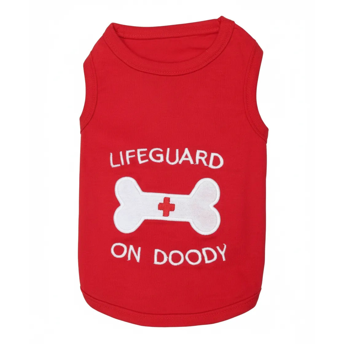 Parisian Pet "Lifeguard On Doody" red dog t-shirt made of 100% cotton. This sleeveless pet tank top features high-quality white embroidery with a humorous message and a white bone graphic featuring a red cross. A stylish and funny choice for summer pet fashion, beach trips, or daily walks, designed for comfort and durability.