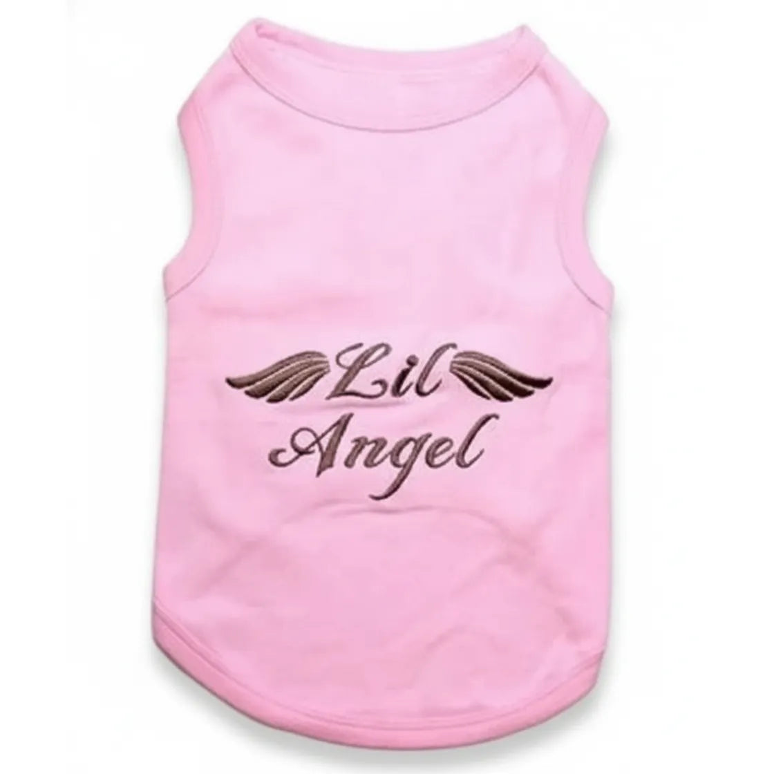 Parisian Pet Lil Angel Pink Embroidered Cotton Dog & Cat T-Shirt featuring a soft pastel pink hue and high-quality dark brown embroidery. This sleeveless pet tank top displays "Lil Angel" in elegant script, flanked by a pair of detailed angel wings. A cute and comfortable pet apparel choice for dogs and cats of all sizes, from XXS to 5XL, perfect for showcasing your furry friend's sweet personality.