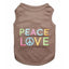 Parisian Pet Peace Love Embroidered Dog T-Shirt in soft brown cotton. Features vibrant, multi-colored lettering with a blue peace symbol replacing the 'O' in 'LOVE'. This sleeveless pet tank top offers a comfortable fit with ribbed trim, ideal for stylish dogs. High-quality 100% cotton dog apparel available in multiple sizes from XXS to 5XL for small to large breeds.