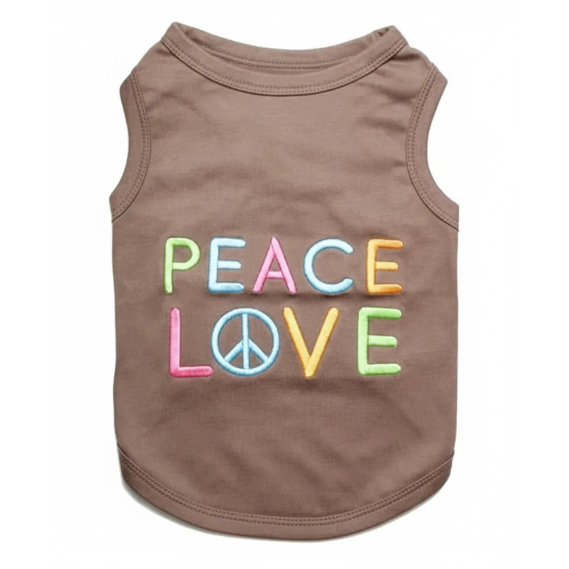 Parisian Pet Peace Love Embroidered Dog T-Shirt in soft brown cotton. Features vibrant, multi-colored lettering with a blue peace symbol replacing the 'O' in 'LOVE'. This sleeveless pet tank top offers a comfortable fit with ribbed trim, ideal for stylish dogs. High-quality 100% cotton dog apparel available in multiple sizes from XXS to 5XL for small to large breeds.