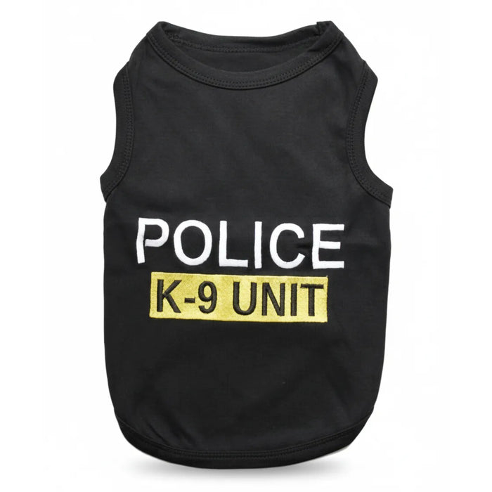Black Parisian Pet Police K9 Embroidered Dog T-Shirt crafted from soft 100% cotton. This sleeveless pet tank top features bold white "POLICE" lettering above a yellow embroidered patch displaying "K-9 UNIT". Ideal for a professional law enforcement look, this stylish dog apparel is perfect for everyday wear or costumes. A must-have accessory for your canine partner, offering comfort and durability in a classic police-themed design.