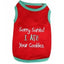 Parisian Pet "Sorry Santa! I Ate Your Cookies" embroidered dog t-shirt. A festive red sleeveless pet tank top featuring vibrant teal trim and a humorous holiday message in white and teal script. This 100% cotton Christmas dog shirt is a cozy and fun holiday outfit for pets, perfect for festive family photos, pet gift ideas, and seasonal celebrations.