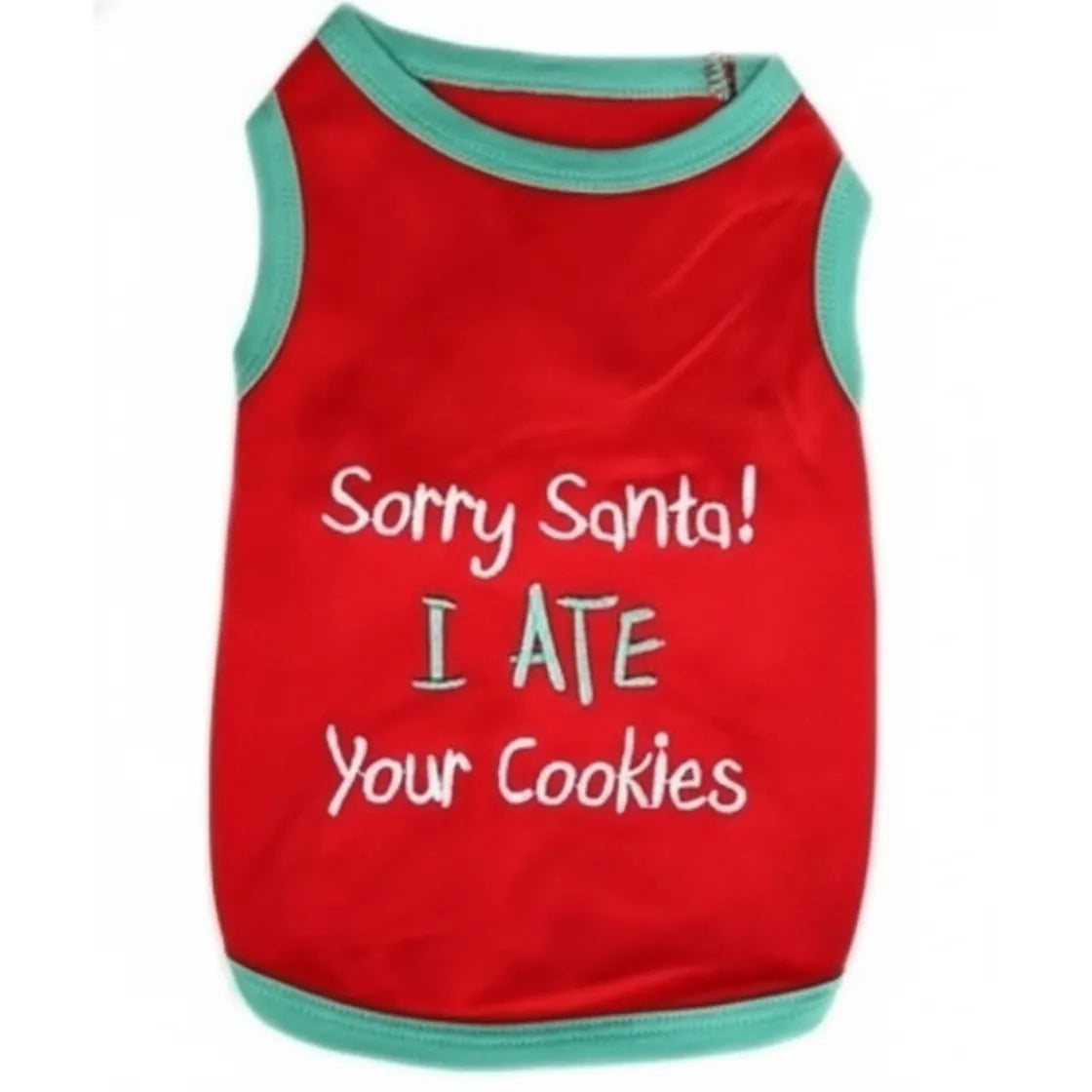 Parisian Pet "Sorry Santa! I Ate Your Cookies" embroidered dog t-shirt. A festive red sleeveless pet tank top featuring vibrant teal trim and a humorous holiday message in white and teal script. This 100% cotton Christmas dog shirt is a cozy and fun holiday outfit for pets, perfect for festive family photos, pet gift ideas, and seasonal celebrations.