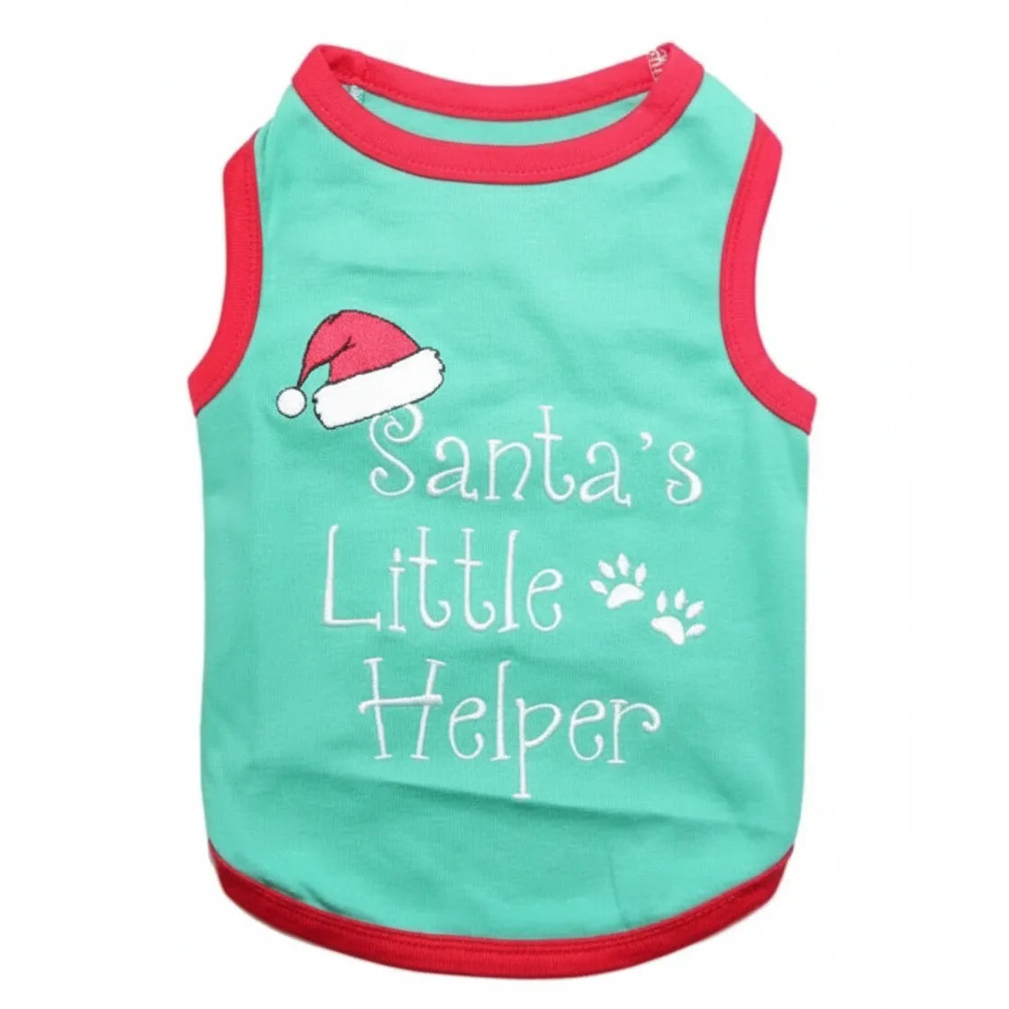 Parisian Pet Santa's Little Helper Christmas Dog and Cat T-Shirt in teal with vibrant red trim. This festive 100% cotton pet tank top features high-quality embroidered white script text, a cute red Santa hat, and paw print accents. Perfect for holiday photos and seasonal parties, this comfortable pet holiday apparel is a must-have for small to medium dogs and cats looking to spread Christmas cheer.