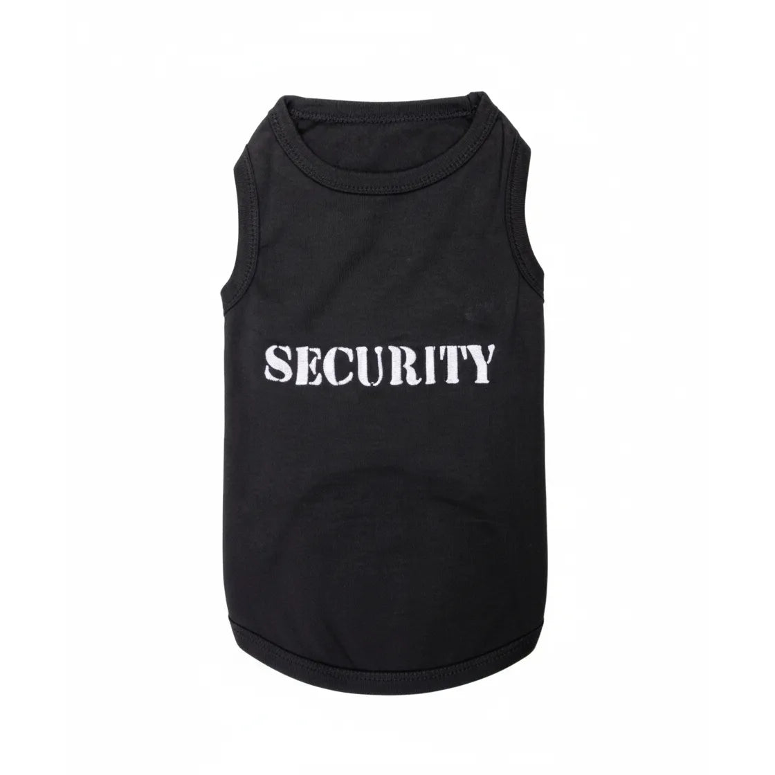 Parisian Pet Security Embroidered Dog T-shirt in black, featuring bold white "SECURITY" text across the front. This soft 100% cotton pet clothing is a sleeveless tank-top style designed for comfort and durability. A fun and stylish piece of pet apparel perfect for small dogs or cats, making it an ideal choice for pet owners looking for high-quality security-themed dog clothes.