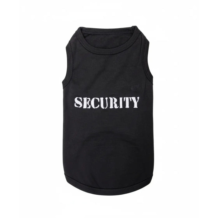 Parisian Pet Security Embroidered Dog T-shirt in black, featuring bold white "SECURITY" text across the front. This soft 100% cotton pet clothing is a sleeveless tank-top style designed for comfort and durability. A fun and stylish piece of pet apparel perfect for small dogs or cats, making it an ideal choice for pet owners looking for high-quality security-themed dog clothes.