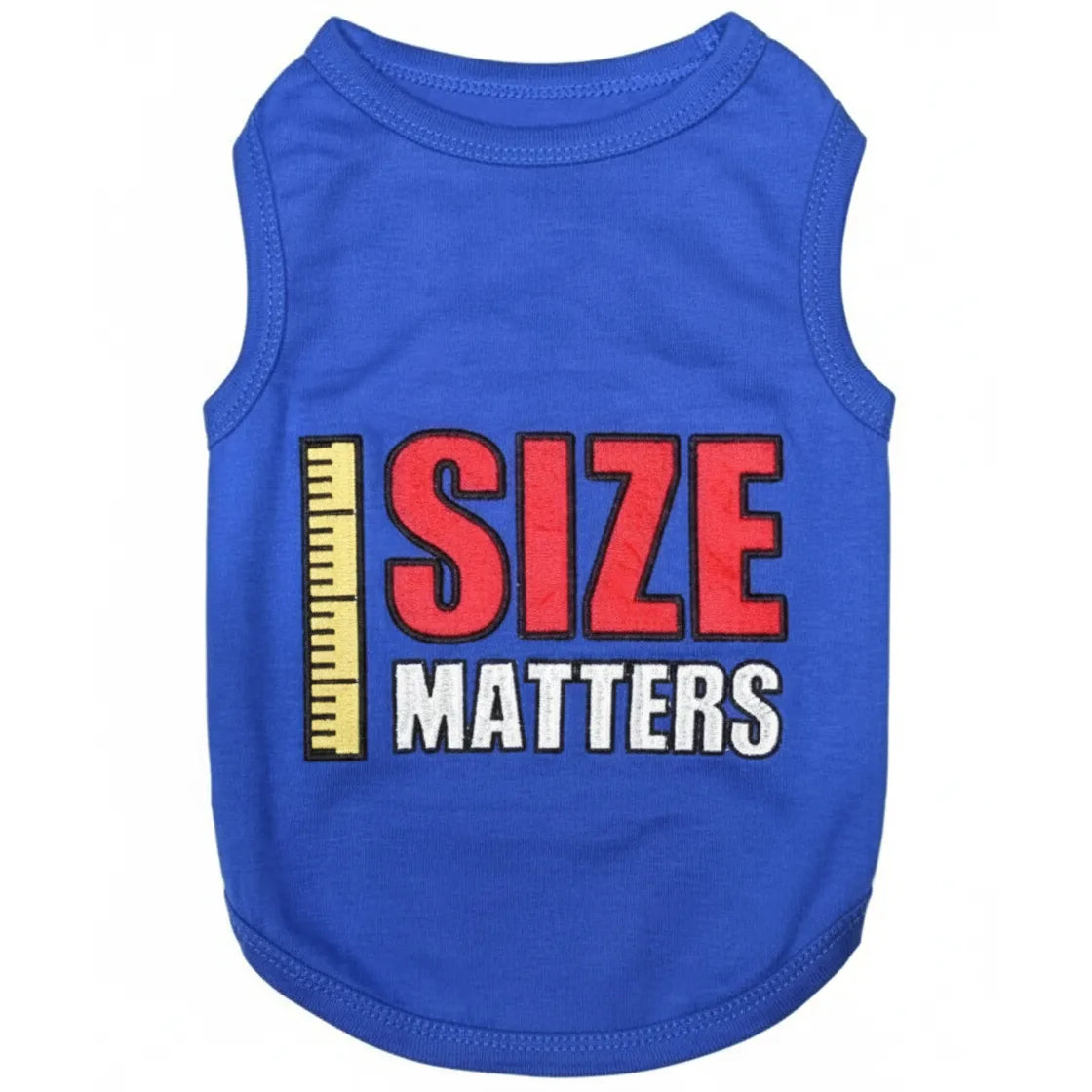 Parisian Pet blue 100% cotton dog tank top featuring "SIZE MATTERS" in bold red and white embroidered lettering. This fun pet apparel includes a yellow ruler graphic on a vibrant blue background. Perfect for stylish puppies and dogs, this sleeveless t-shirt combines comfort with a humorous design, making it a must-have for pet owners looking for high-quality, funny dog clothes.
