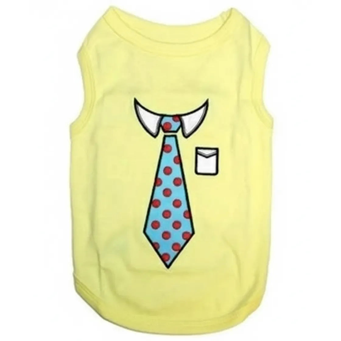 Parisian Pet pale yellow dog t-shirt featuring an embroidered business casual design. This 100% cotton pet tank top showcases a white collar, a light blue necktie with red polka dots, and a tiny faux pocket. A stylish and comfortable piece of pet apparel for small to large dogs, perfect for professional photoshoots or dapper everyday wear.