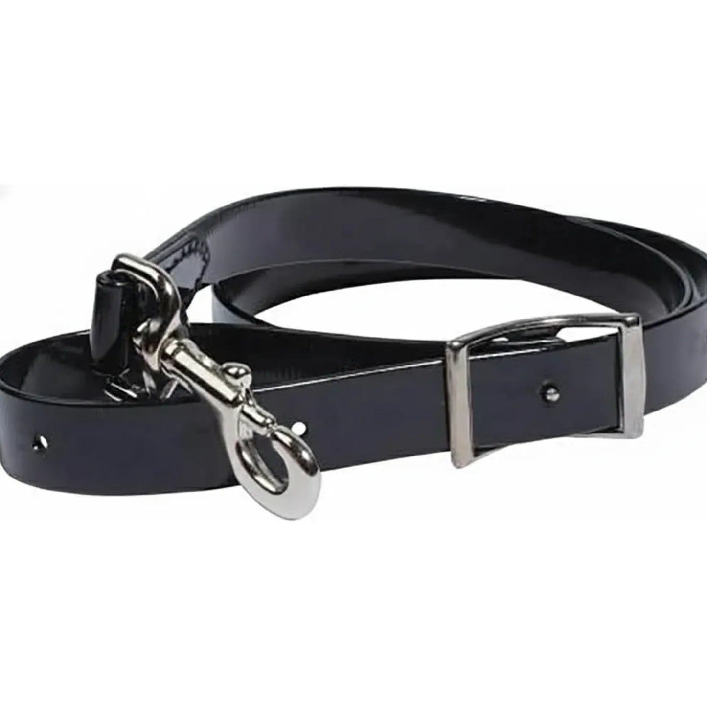Professional's Choice 1" Biothane Tie Down Strap in sleek black. This durable, waterproof, and weatherproof horse tack features a glossy finish, an adjustable silver-tone buckle, and a heavy-duty snap hook for secure attachment. Ideal for riders seeking low-maintenance, high-performance equestrian gear that withstands the elements. Professional-grade Western horse training equipment.