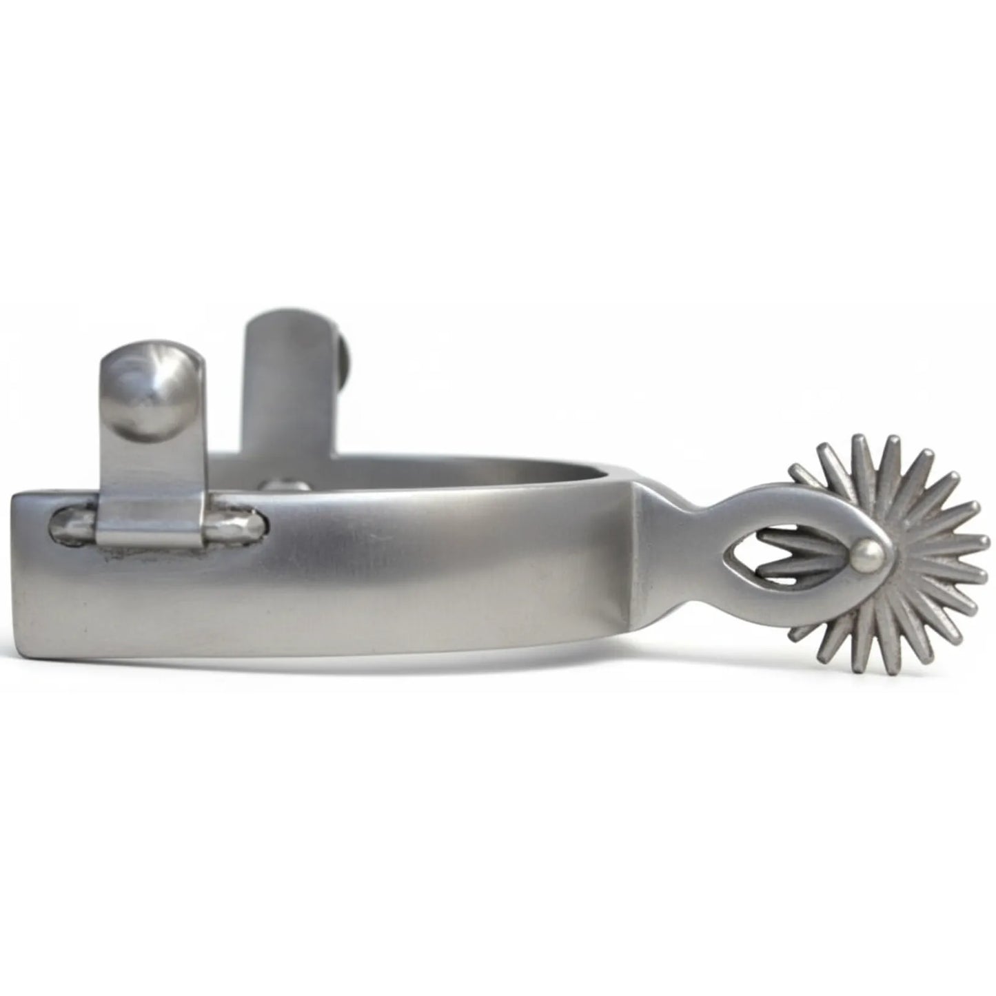 Professional's Choice 20pt Mens Spurs in polished stainless steel featuring a 1" band, 2 1/4" shank, and a multi-point star rowel. These durable western riding spurs are designed with a 3 1/4" boot width for a secure fit. Sleek and professional equestrian gear perfect for competitive performance and training. Silver-toned metal hardware with a smooth finish and a 20-point rowel for precise communication and style in the arena.