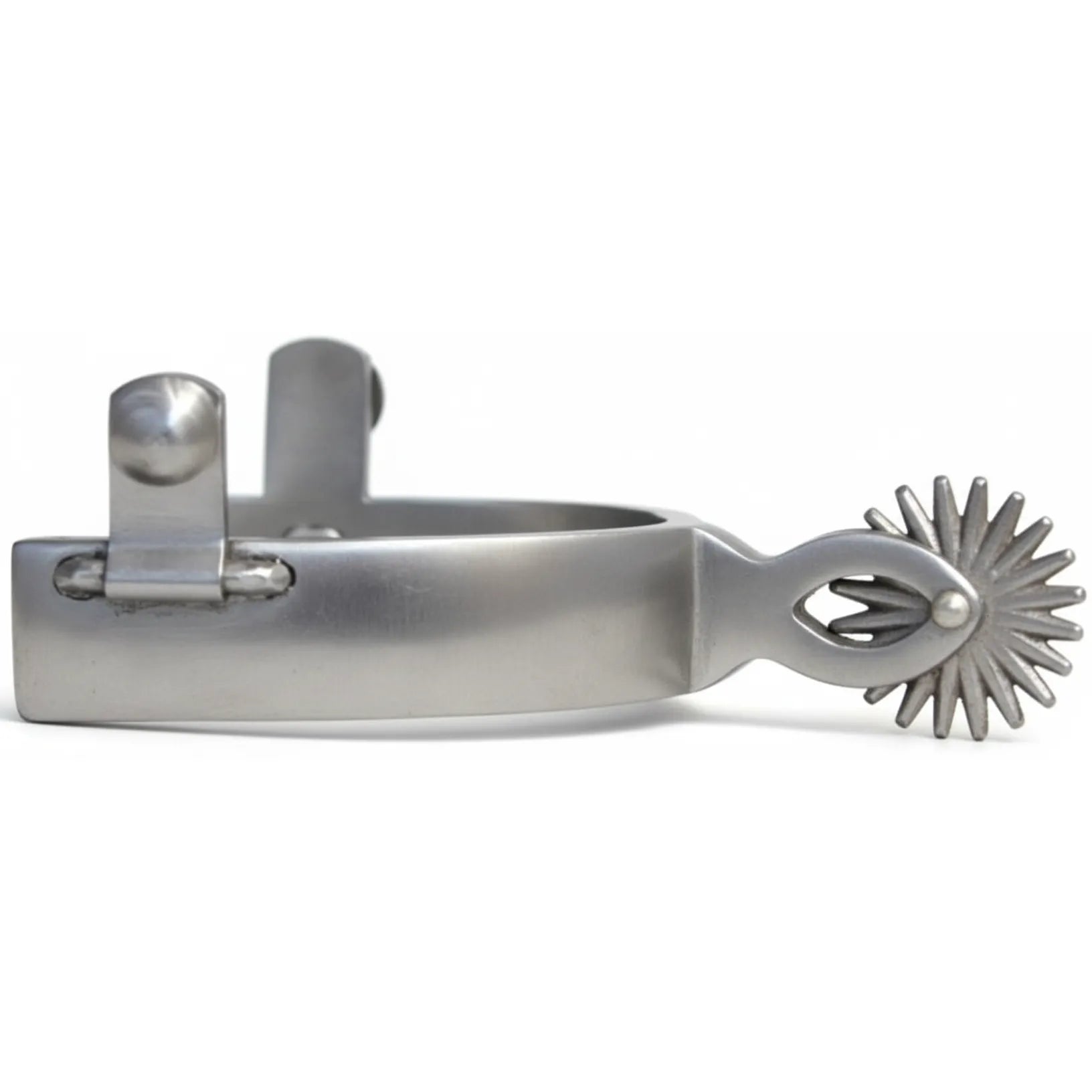Professional's Choice 20pt Mens Spurs in polished stainless steel featuring a 1" band, 2 1/4" shank, and a multi-point star rowel. These durable western riding spurs are designed with a 3 1/4" boot width for a secure fit. Sleek and professional equestrian gear perfect for competitive performance and training. Silver-toned metal hardware with a smooth finish and a 20-point rowel for precise communication and style in the arena.