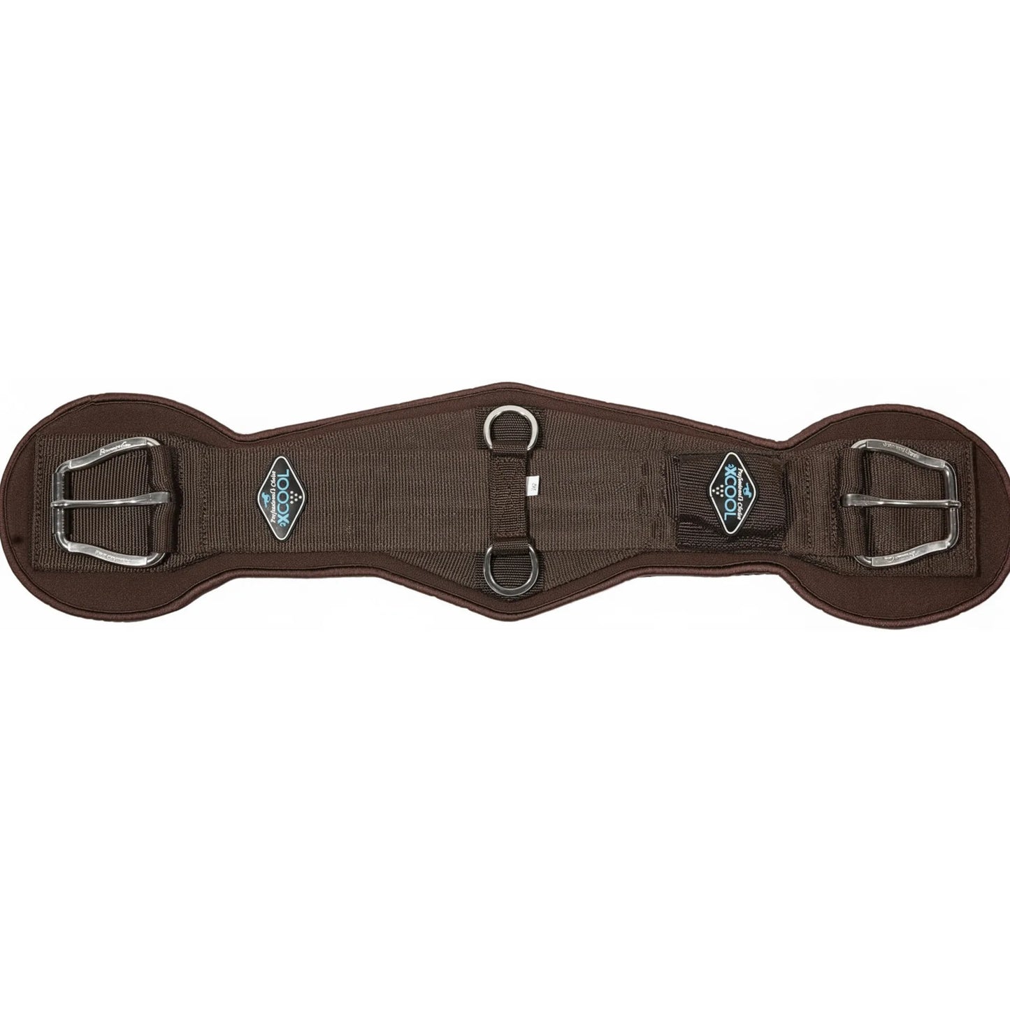 Professional's Choice 2XCOOL V-Shaped Cinch in chocolate brown. High-performance western horse girth featuring a contoured V-shape for comfort and stability. Includes durable stainless steel roller buckles, dual center D-rings, and advanced moisture-wicking cooling technology. This breathable equestrian girth is designed to keep horses cool under pressure, making it a must-have for performance riders and trail enthusiasts alike.