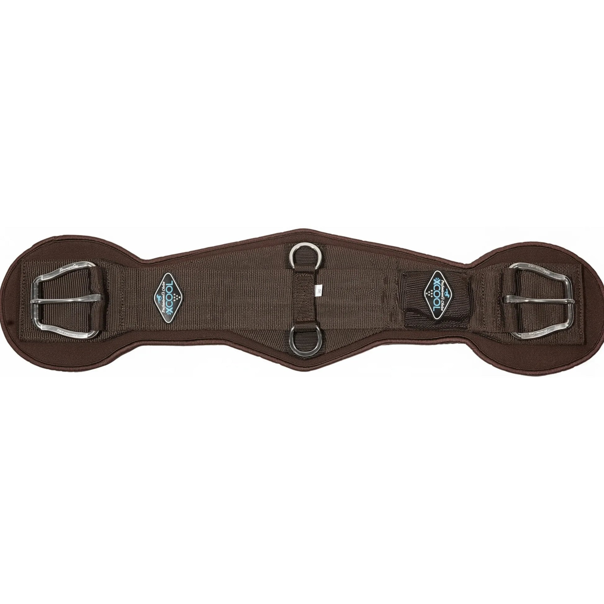 Professional's Choice 2XCOOL V-Shaped Cinch in chocolate brown. High-performance western horse girth featuring a contoured V-shape for comfort and stability. Includes durable stainless steel roller buckles, dual center D-rings, and advanced moisture-wicking cooling technology. This breathable equestrian girth is designed to keep horses cool under pressure, making it a must-have for performance riders and trail enthusiasts alike.