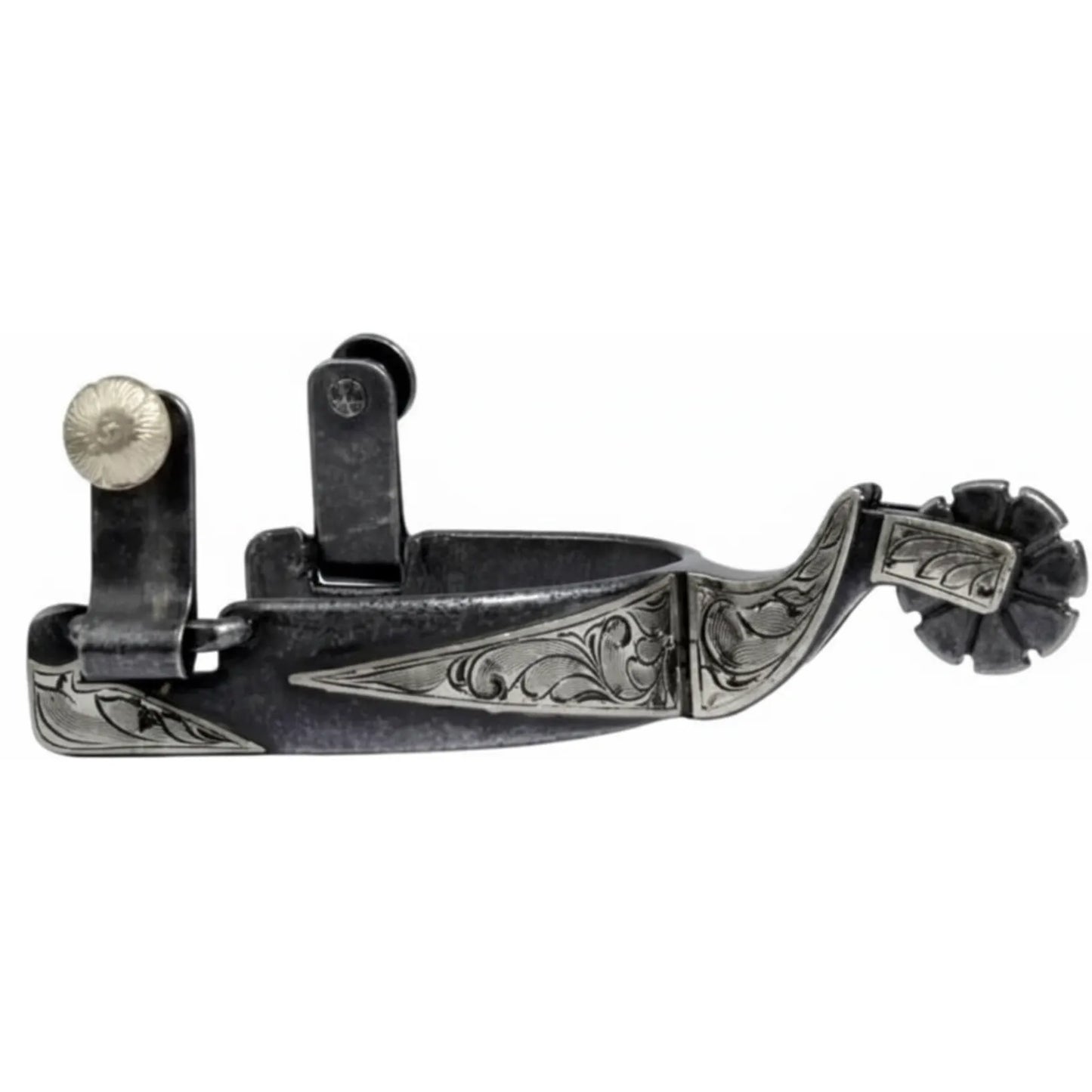 Professional's Choice 3/4" Western horse spurs featuring an elegant dark steel finish and hand-engraved silver floral scrollwork on the band and shank. These high-quality equestrian spurs include an 8-point scalloped rowel and decorative silver floral button accents. Stylish and functional western tack, perfect for show competition, performance training, or ranch work.
