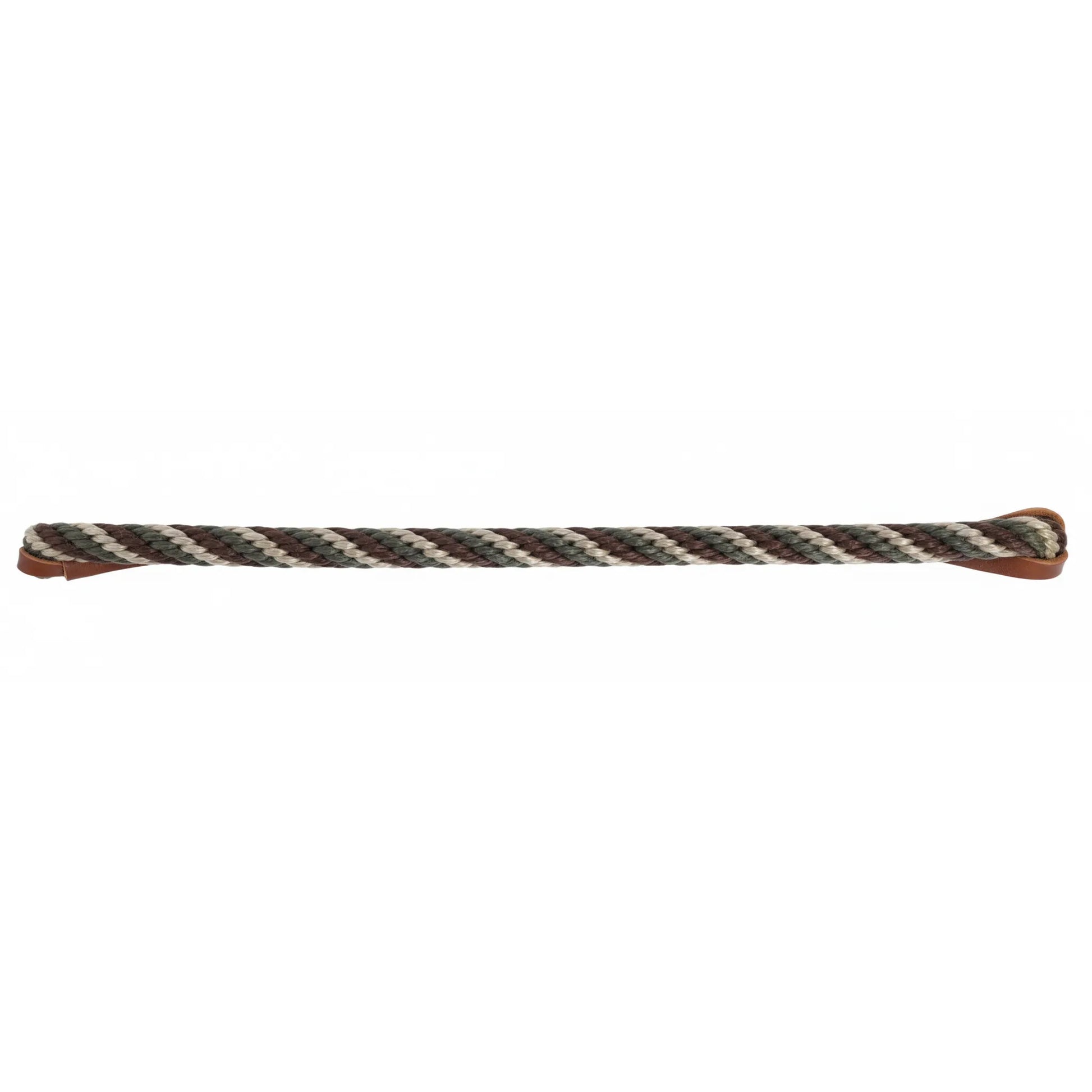 Professional's Choice 6690 Braided Poly Rope Roping Reins in Olive, Brown, and Jute. These 8ft x 3/8in western reins feature durable leather waterloops for secure attachment and a professional look. The high-quality braided poly rope provides a comfortable, non-slip grip, making them a top choice for roping, training, or trail riding. Elevate your equestrian gear with this stylish and functional horse tack designed for performance and reliability.