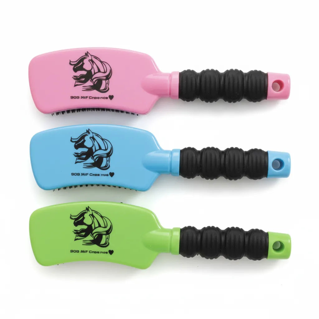 Professional's Choice 909 Curve Brushes in pink, blue, and lime green. These ergonomic mane and tail horse grooming tools feature a unique curved head design with a black horse head logo, high-quality bristles, and a textured, non-slip black rubber grip for comfort. Ideal for detangling and smoothing, each brush includes a hanging hole for easy storage. Perfect professional-grade grooming accessory for equestrians and horse care enthusiasts.