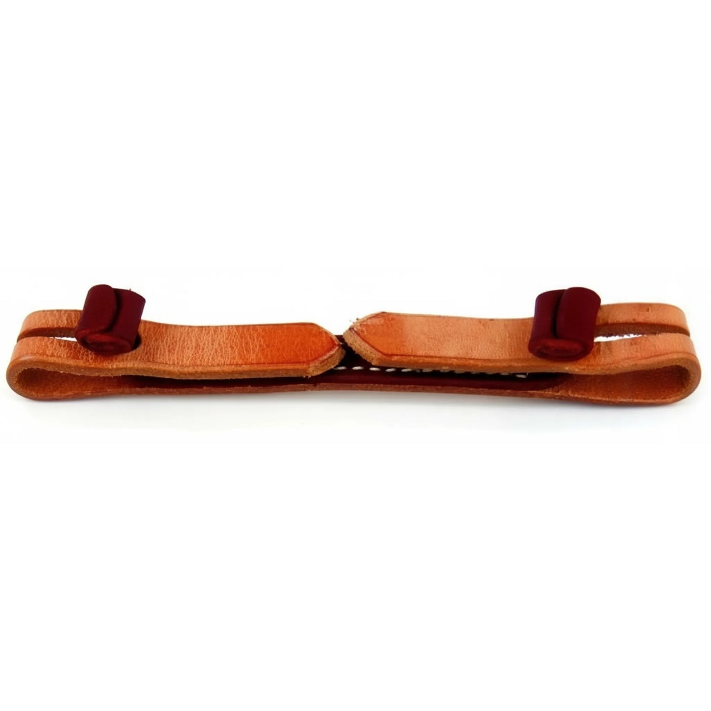 Professional's Choice Al Dunning Double Knot Bit Hobble crafted from premium light brown harness leather and rich burgundy latigo leather. This essential Western horse tack features durable double-knotted ends and white contrast stitching for a classic equestrian look. Designed to stabilize bit rings, this one-size-fits-all bit hobble is a high-quality training and performance accessory for any bridle or headstall.