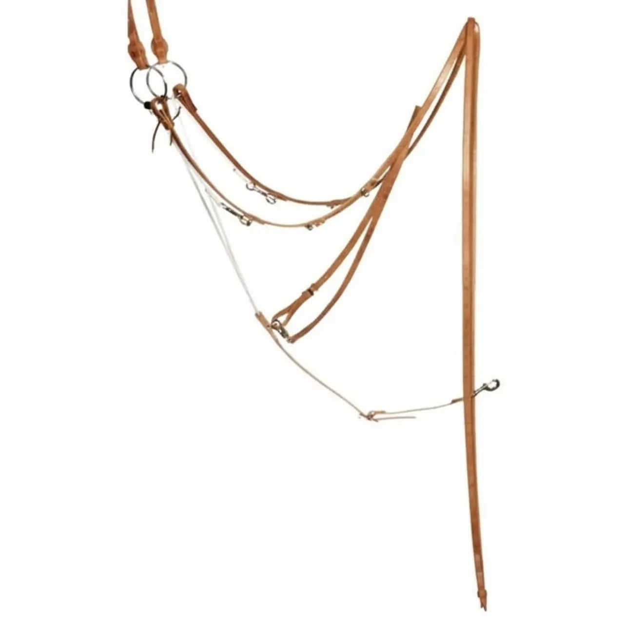 Professional's Choice Al Dunning Herman Oak Leather German Martingale with Split Reins (AD8059HL). This premium natural tan leather training aid features stainless steel hardware, adjustable snaps, and durable cord for precise horse control. A top-tier choice for western horse training and performance, offering the quality and craftsmanship of Hermann Oak leather for professional riders and trainers.