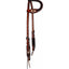 Professional's Choice Arrow Single Ear Headstall crafted from premium chestnut leather with black hand-dyed edges. Features striking white rawhide chevron accents on the ear loop and cheek pieces, complemented by white contrast stitching and sleek silver-tone hardware. This durable Western horse tack includes classic tie-bit ends, making it a stylish choice for trail riding, barrel racing, or Western performance.