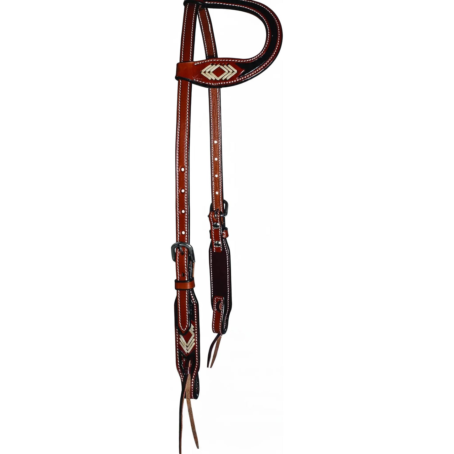 Professional's Choice Arrow Single Ear Headstall crafted from premium chestnut leather with black hand-dyed edges. Features striking white rawhide chevron accents on the ear loop and cheek pieces, complemented by white contrast stitching and sleek silver-tone hardware. This durable Western horse tack includes classic tie-bit ends, making it a stylish choice for trail riding, barrel racing, or Western performance.